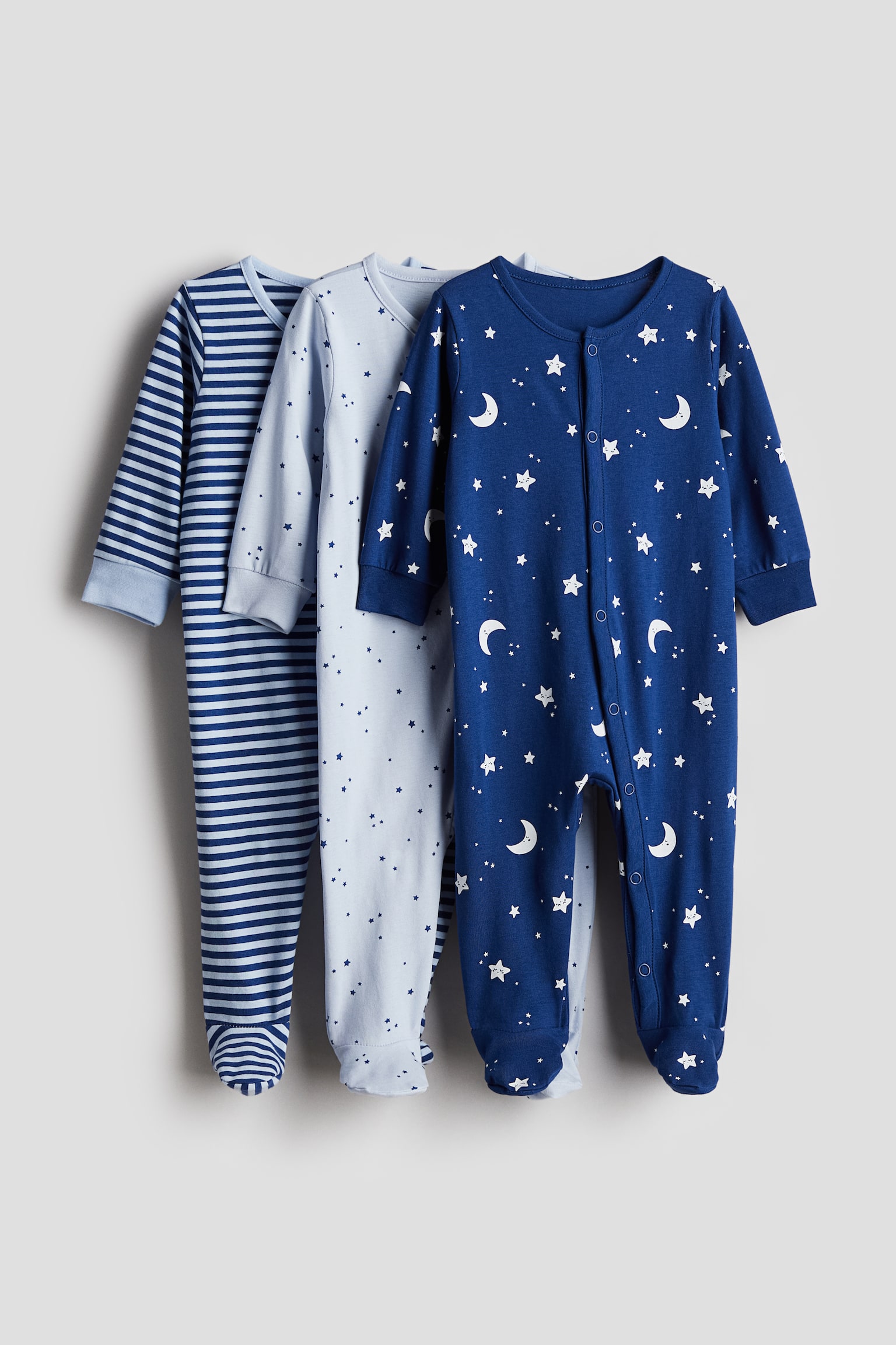 3-pack cotton sleepsuits - Blue/Patterned/White/Patterned/Pink/Stars - 1