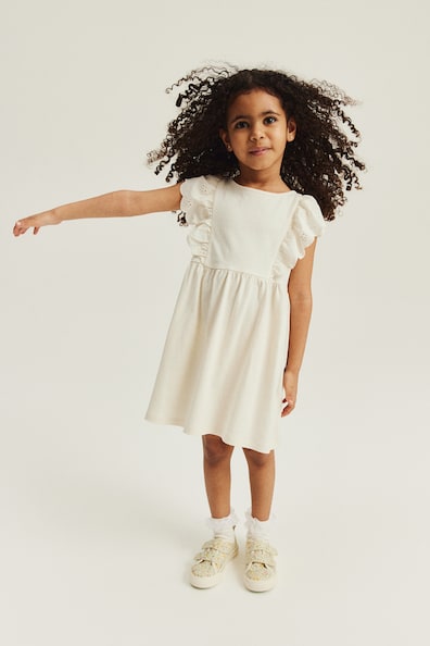 Flounce-trimmed Jersey Dress - Round Neck - Sleeveless - Cream - Kids ...