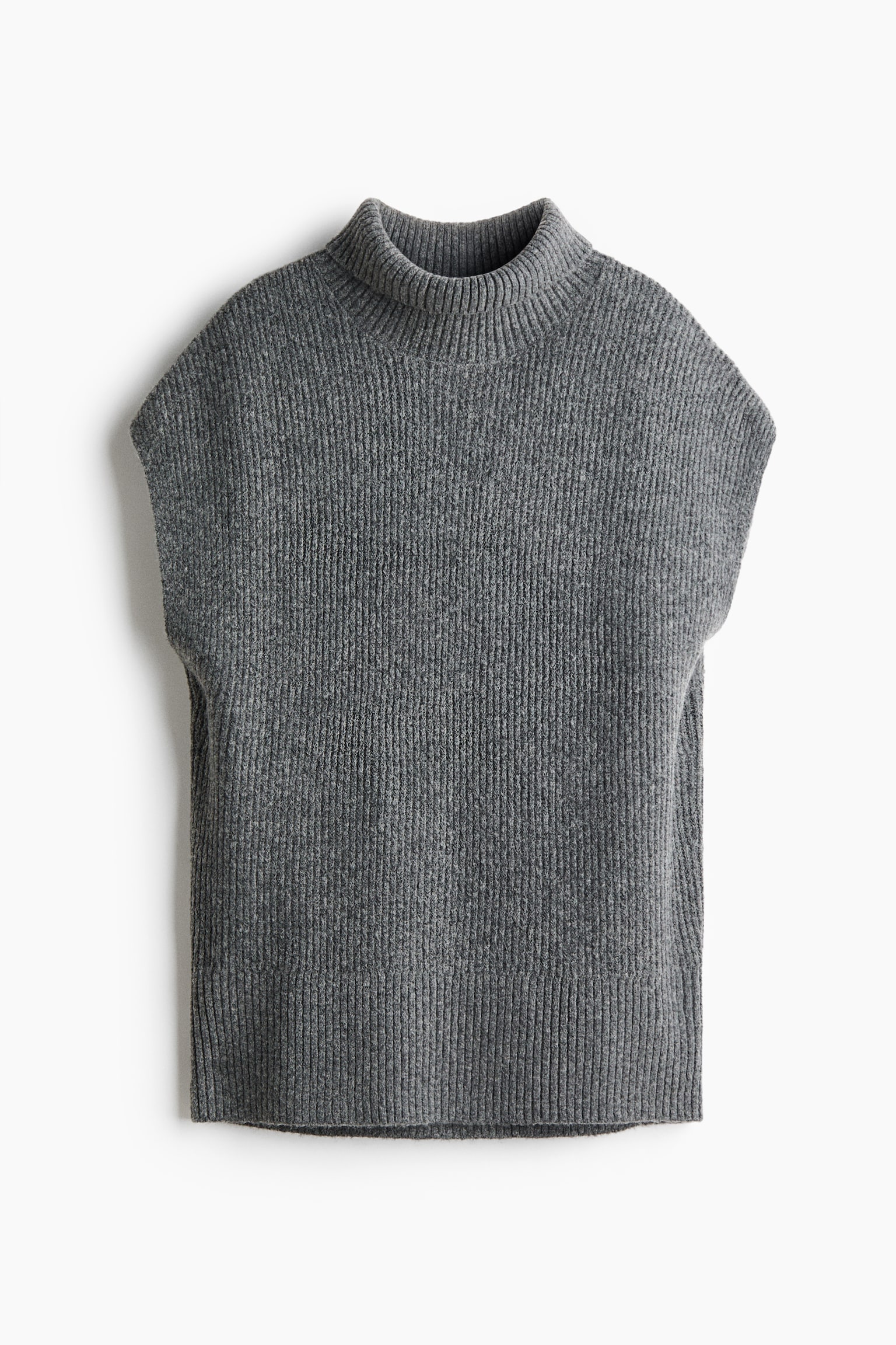 A grey knitted sweater vest is shown from the front, showcasing an all-over ribbed texture, a high mock-neck collar, and slightly extended shoulders. The vest has a straight silhouette with a classic ribbed hem.