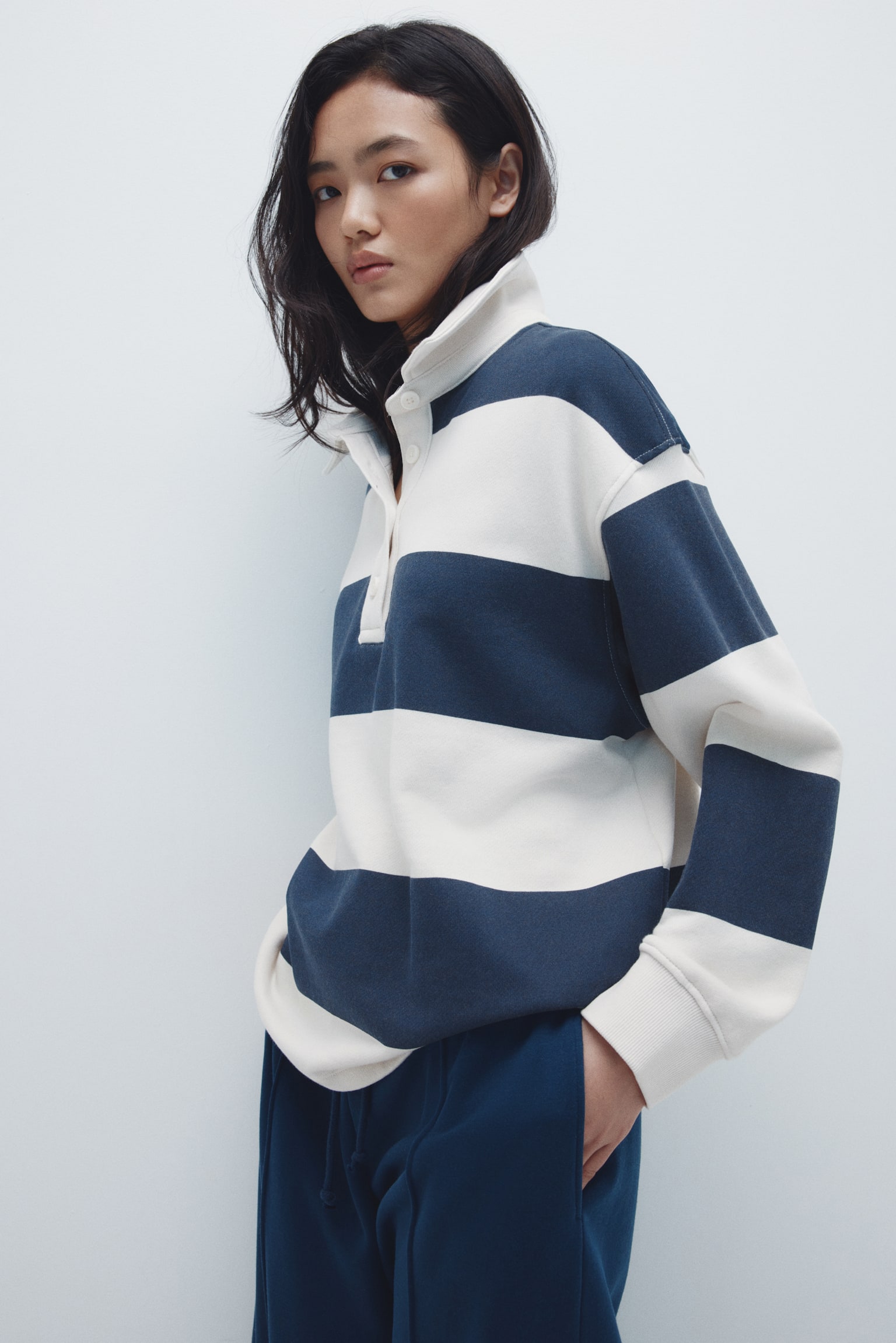 Oversized rugby shirt - White/Dark blue striped/Navy blue/White/Striped - 1