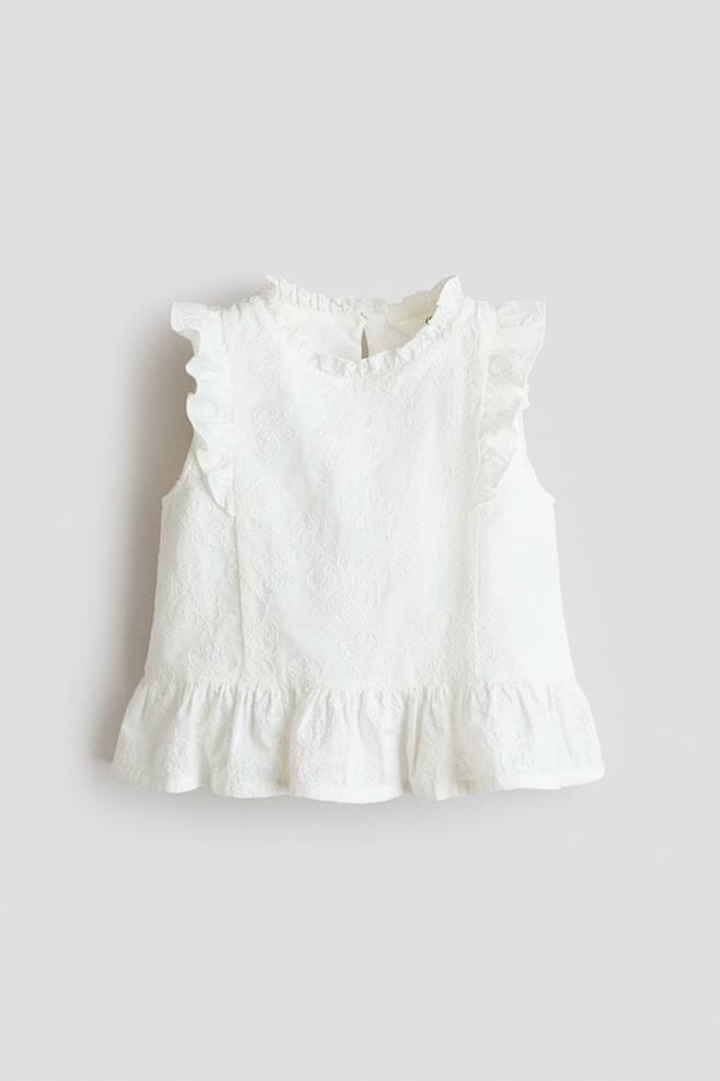 Embroidered Cotton Peplum Top - White - 1