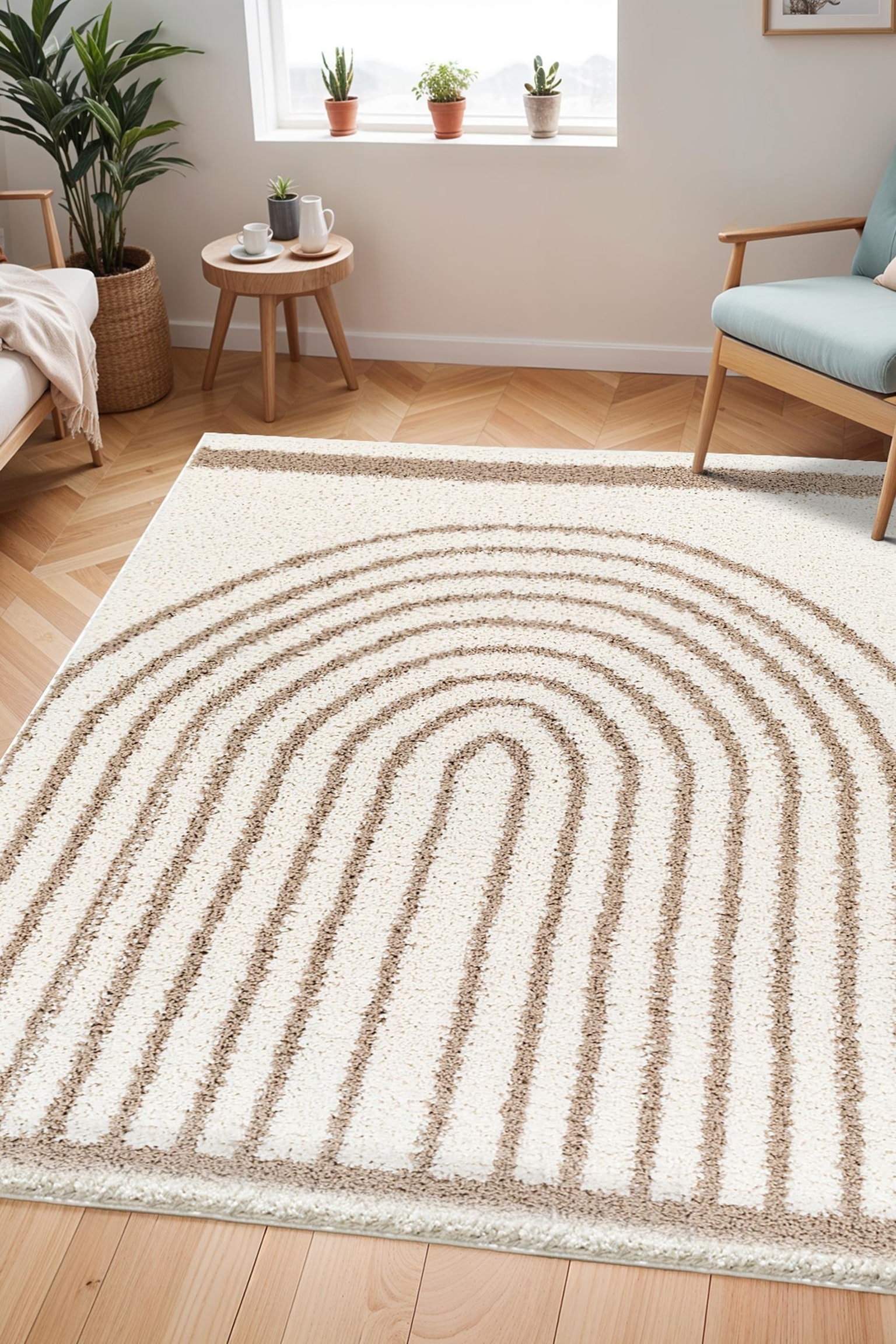 Pihu Modern Shaggy Area Rug - Ivory, Tan - 1