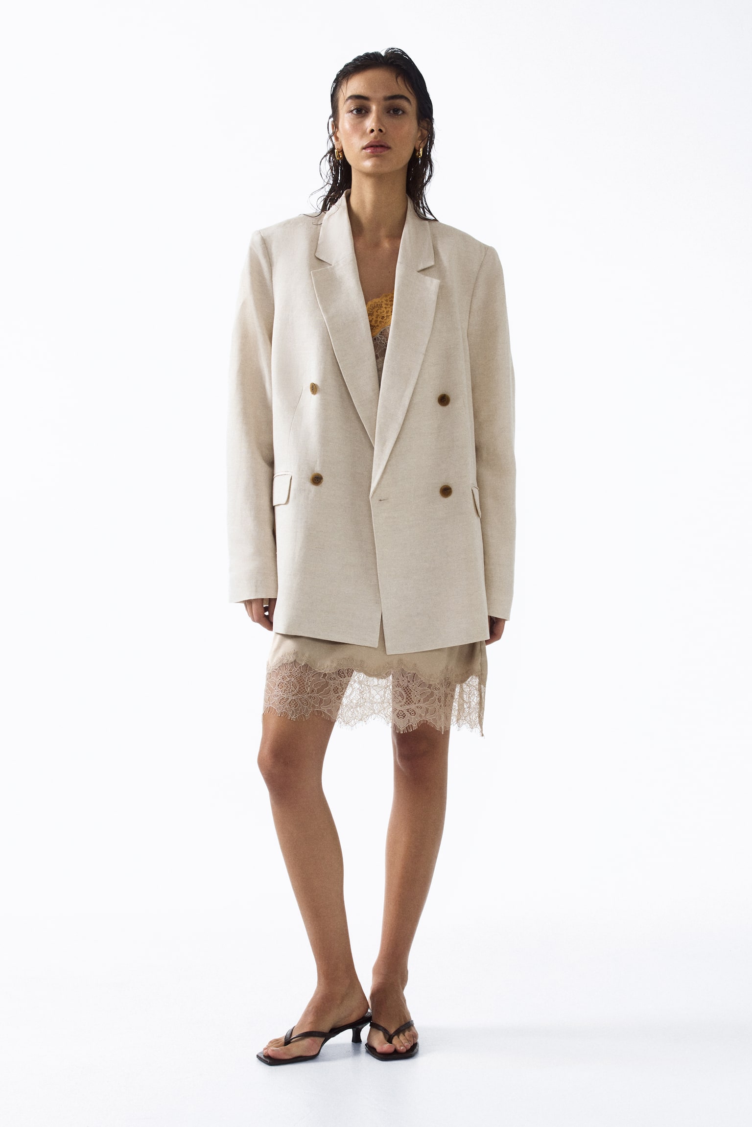 Linen-blend double-breasted blazer - Light beige - 5