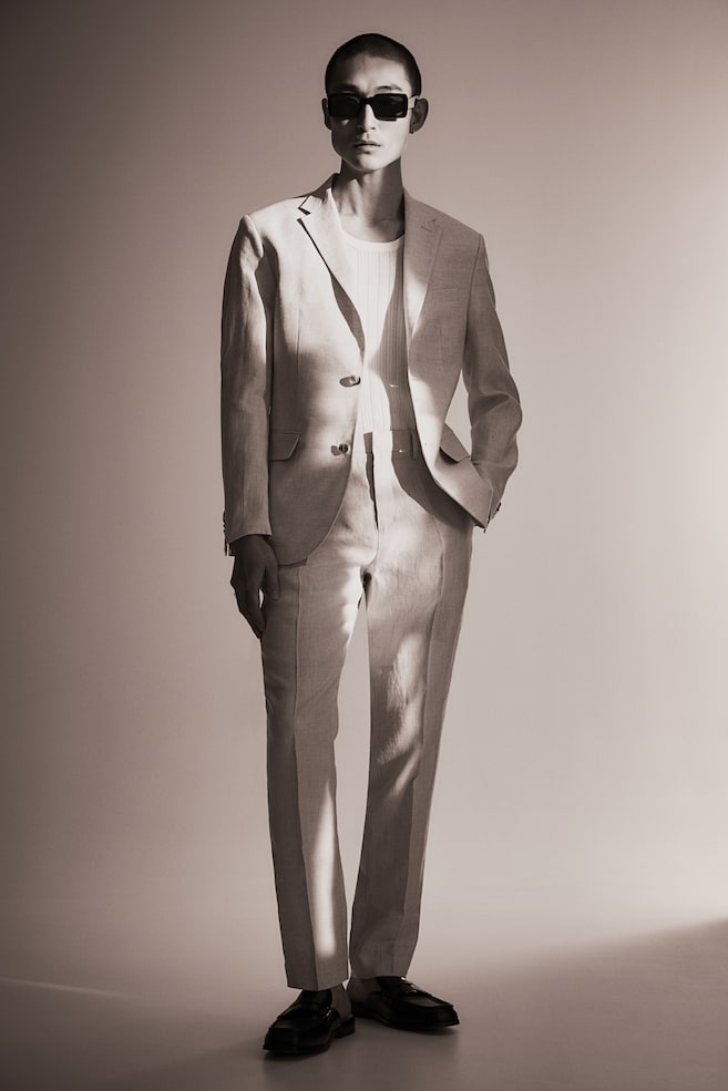Slim Fit Linen suit trousers - Light beige/Navy blue - 1