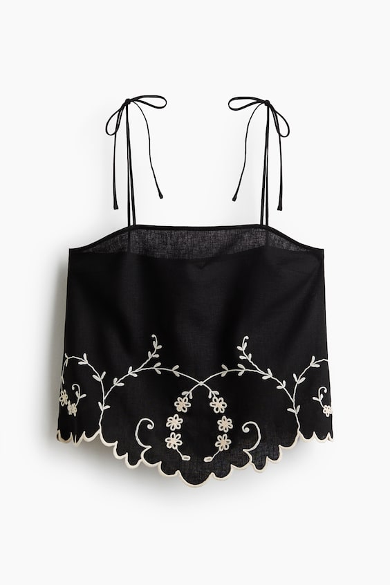 Женские топы H&M Embroidered Linen-Blend Top