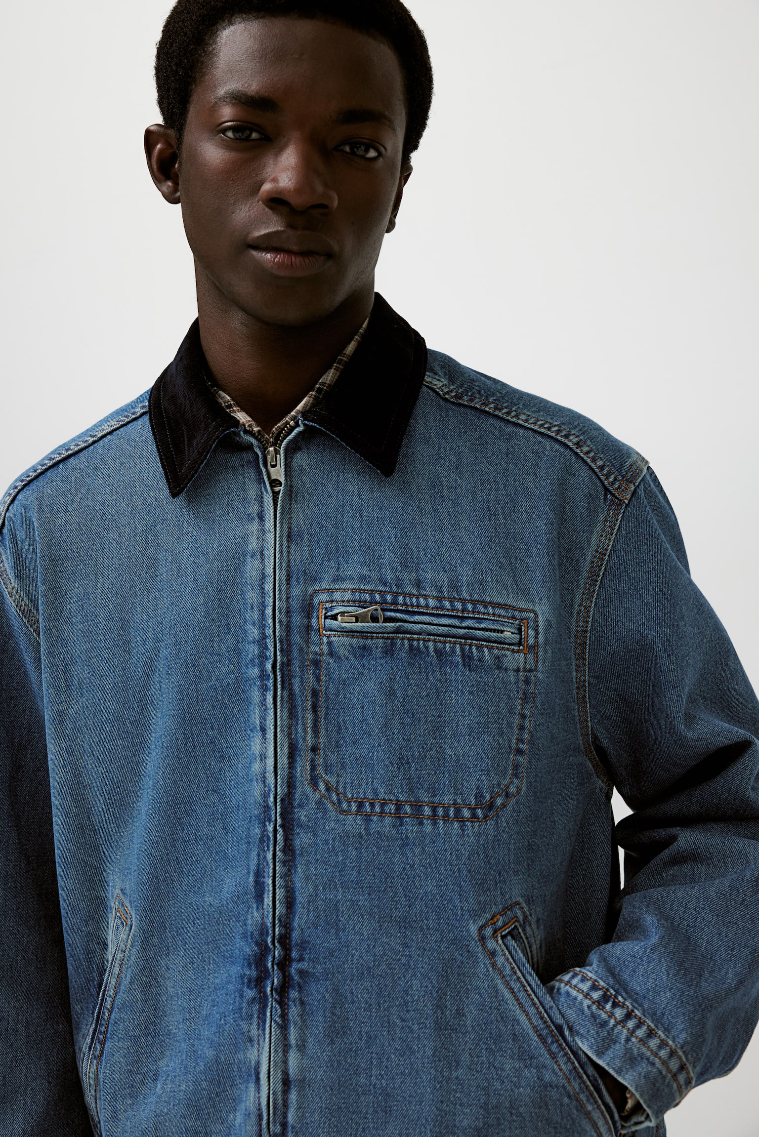 Regular Fit Corduroy-collared denim jacket - Denim blue/Beige - 4