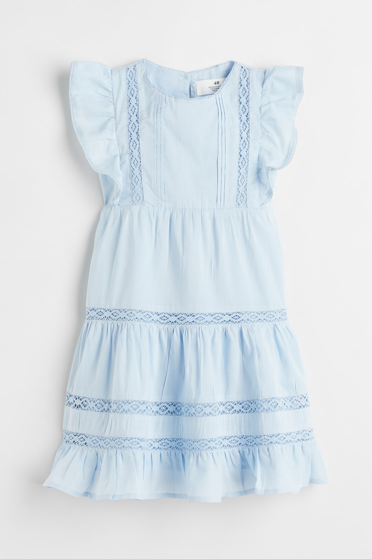 Flounced Lace-detail Dress - Round Neck - Short sleeve - Light blue ...