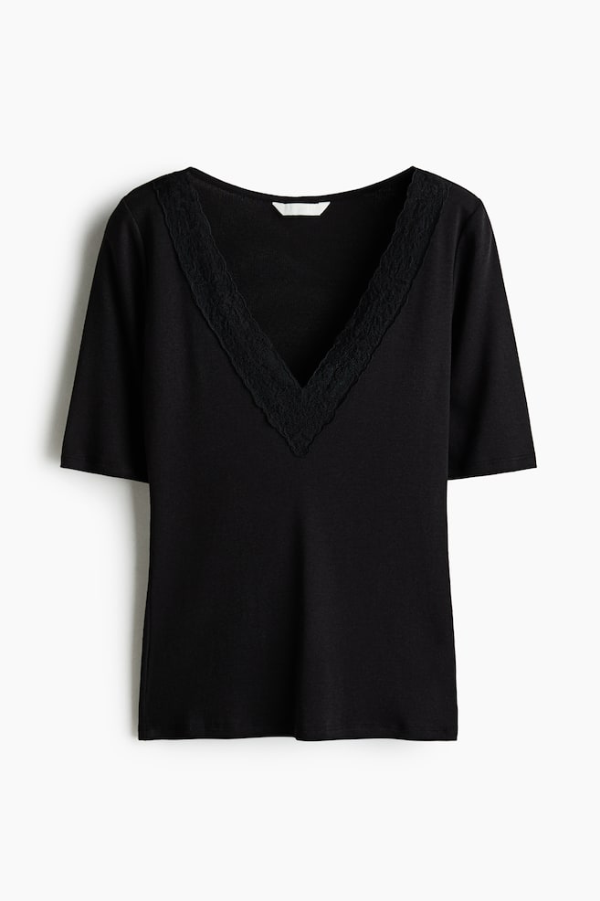Ribbed V-Neck Top - Black/White/Lilac - 1