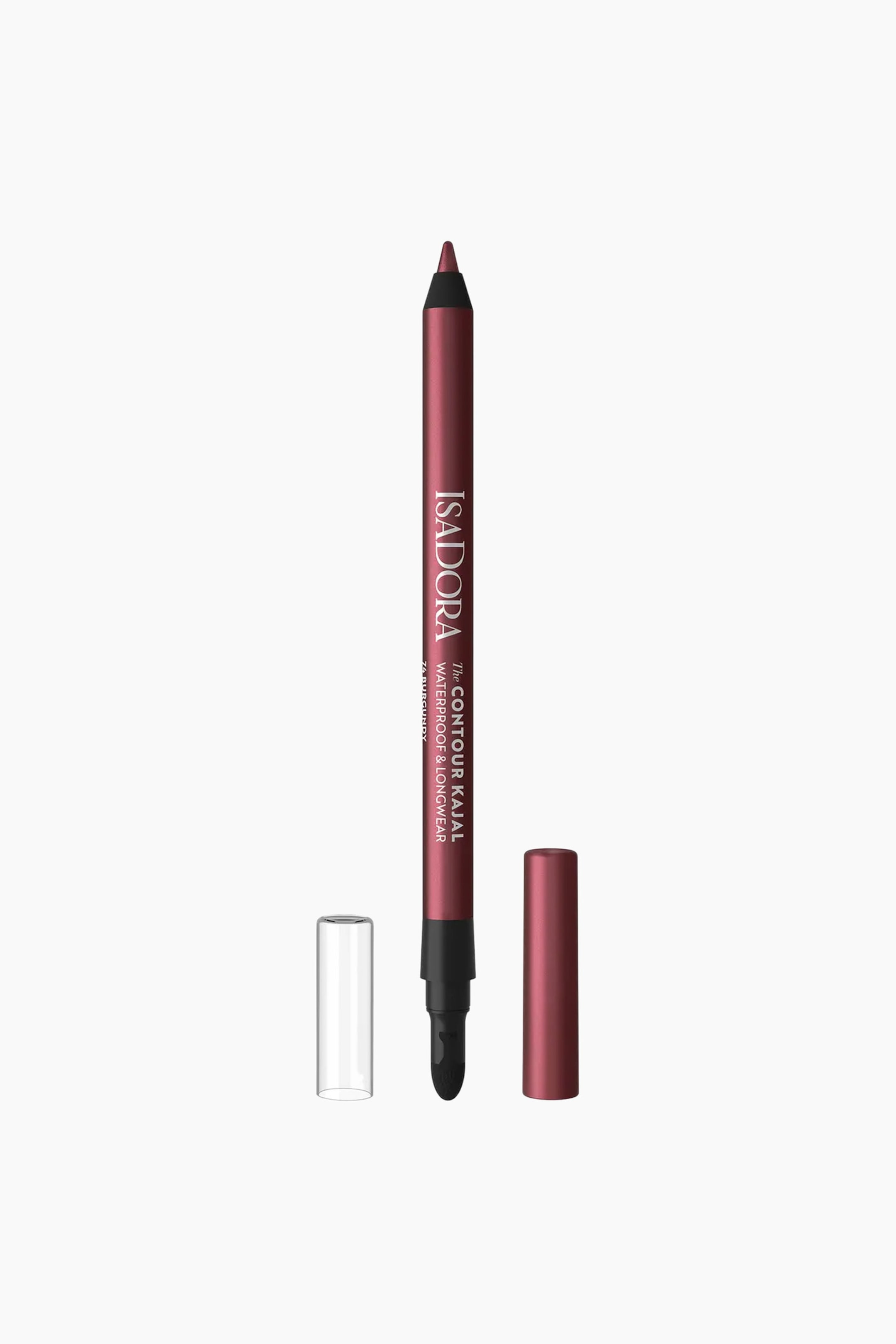 Visa större bild: Contour Kajal-eyelinern står upprätt och visar upp en metallisk kropp i burgundy med vit branding och en vässad spets i samma nyans. En matchande burgundy-färgad kork ligger till höger, och en genomskinlig kork står till vänster nära den svarta smudger-spetsen längst ner på pennan.