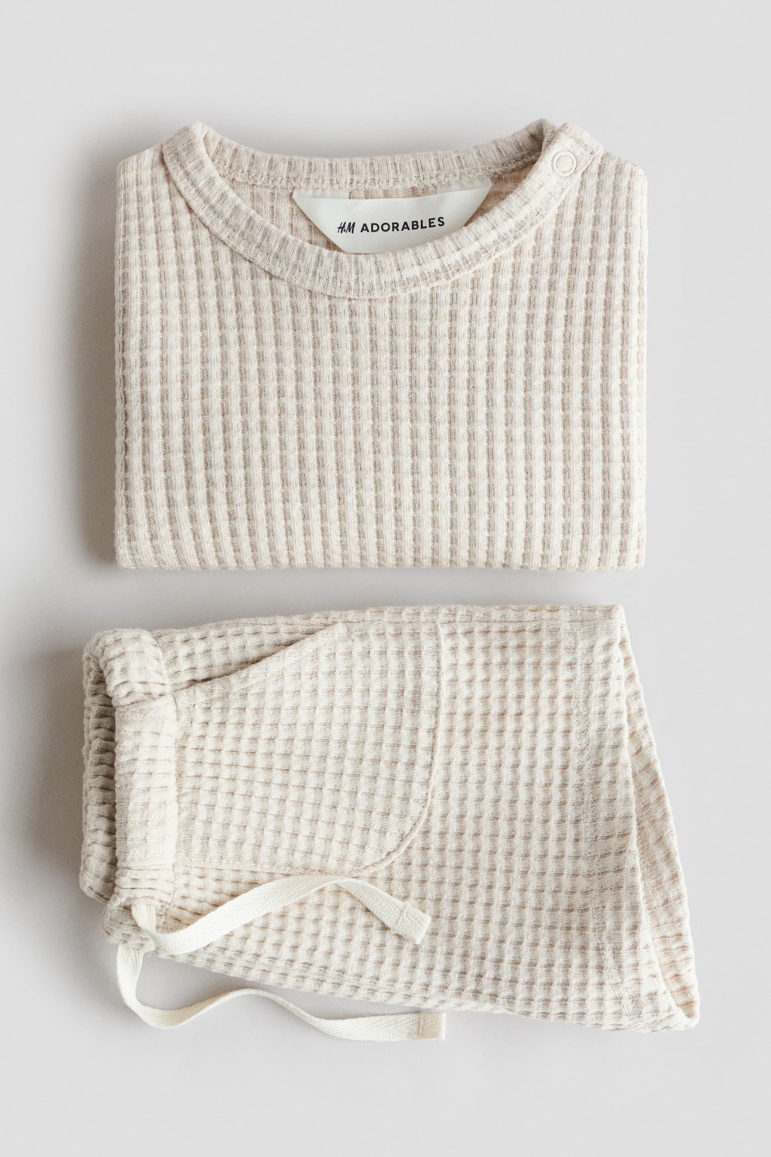 コットンワッフル2アイテムセット - ライトベージュ/ライトブルー/ブラウン/ライトグリーン - 3