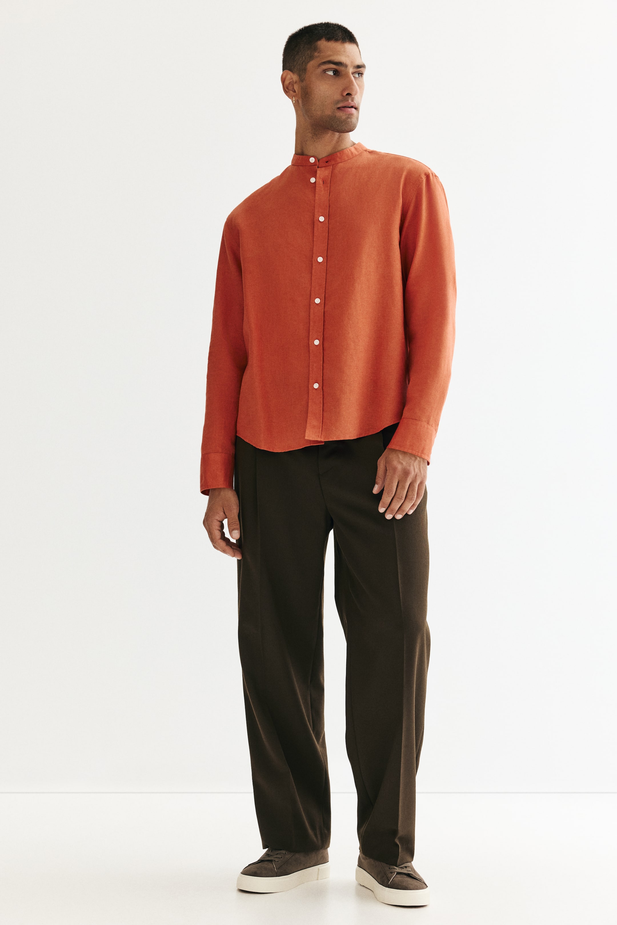 View larger image: Regular Fit Linen-blend grandad shirt - Dark orange - Men | H&M IN 3