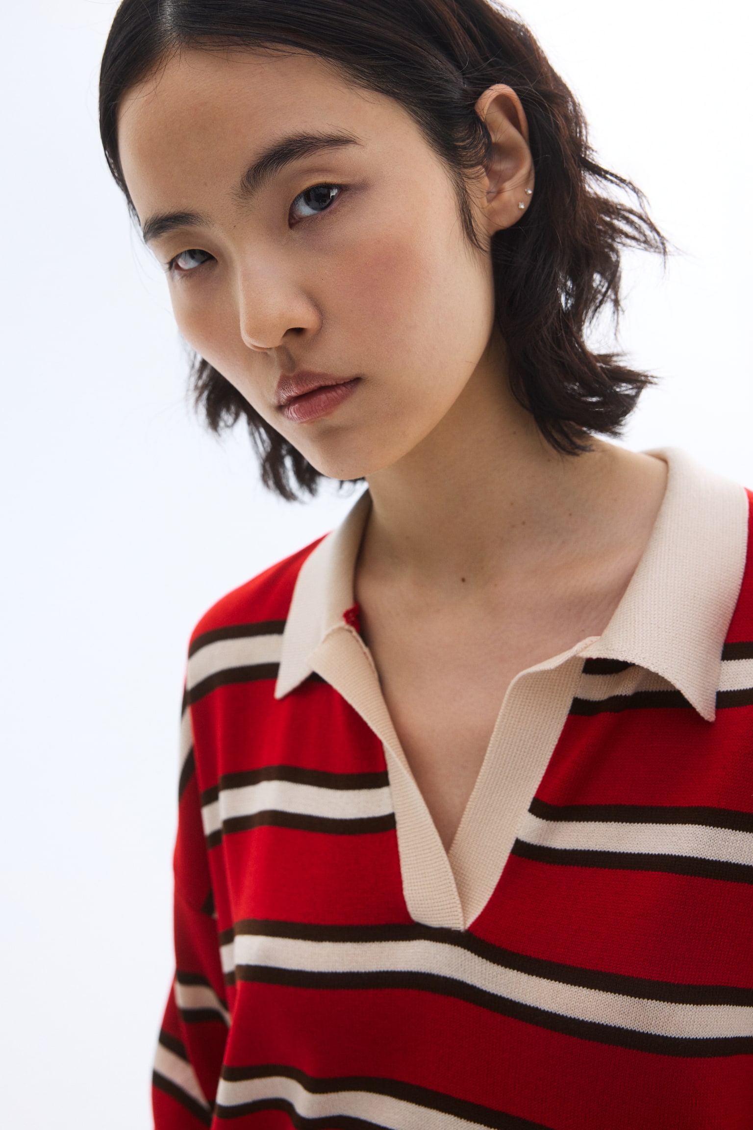 Oversized fine-knit polo shirt - Red/Striped - 4