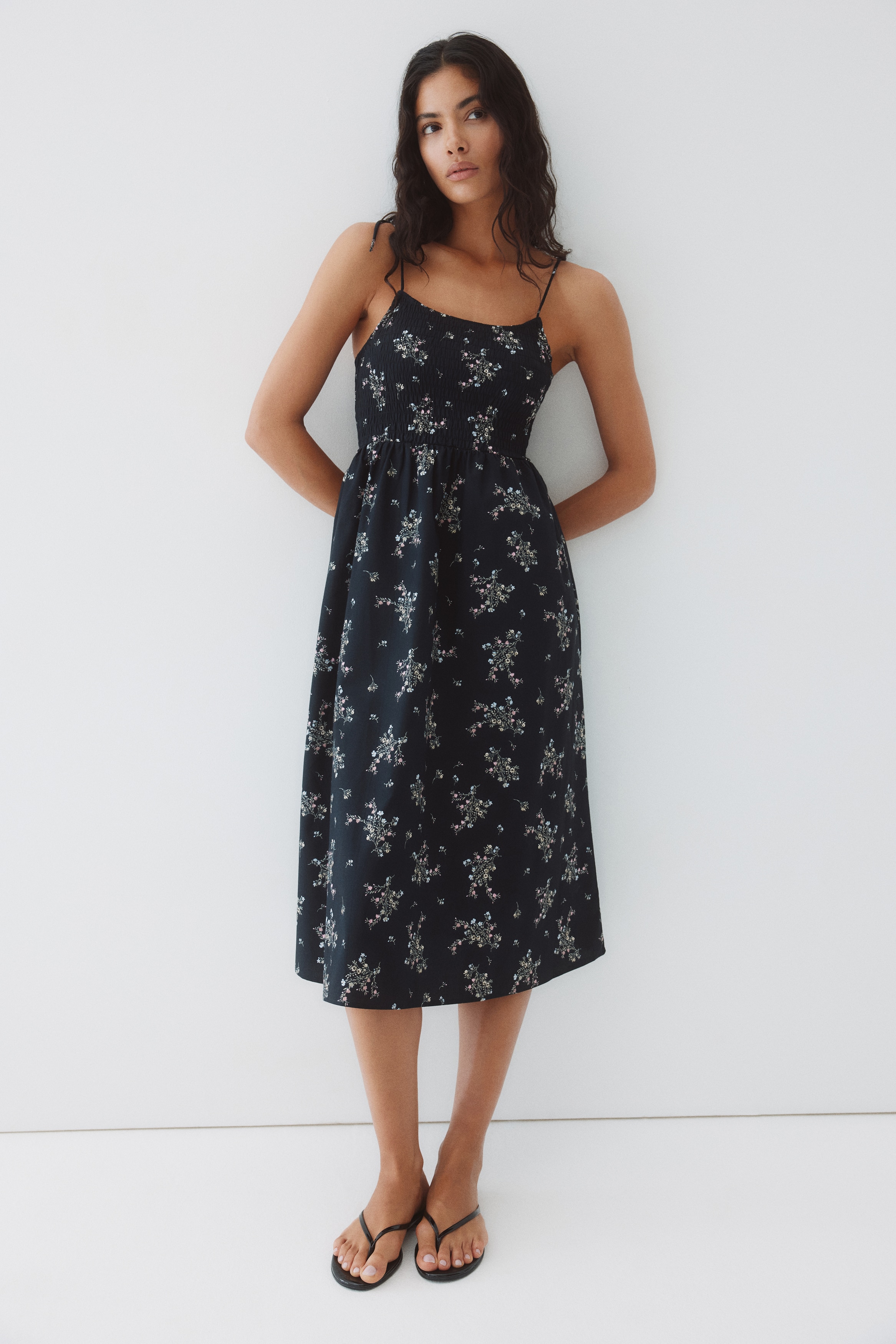 Women's Black Tie-Shoulder-Strap Smocked Dress | H&M US