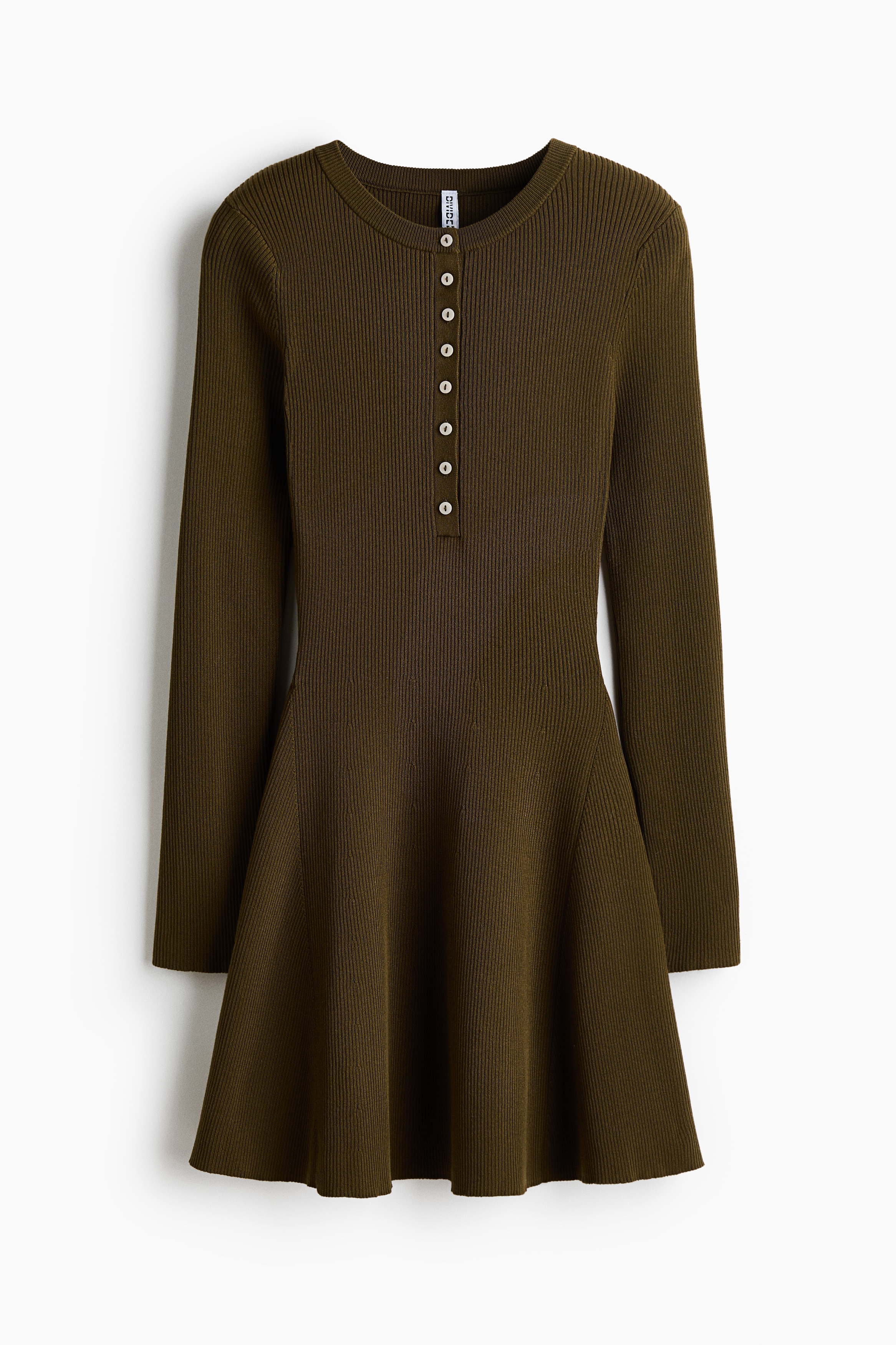 Rib-Knit Dress with Flared Skirt - Dark olive green/Light blue