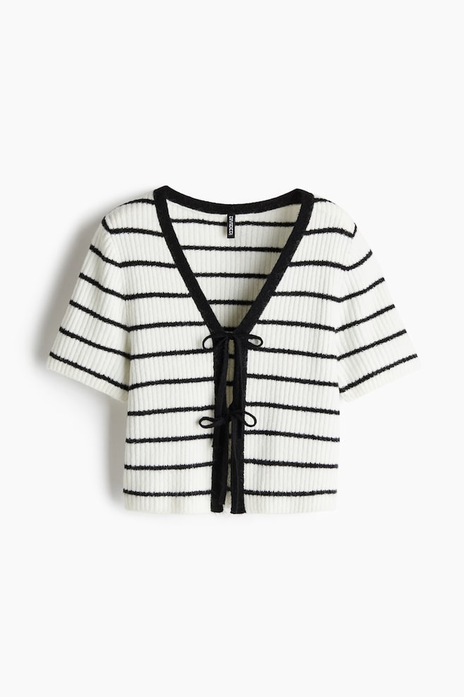 Tie-Detail Rib-Knit Top - Cream/striped/Cream/Black - 1