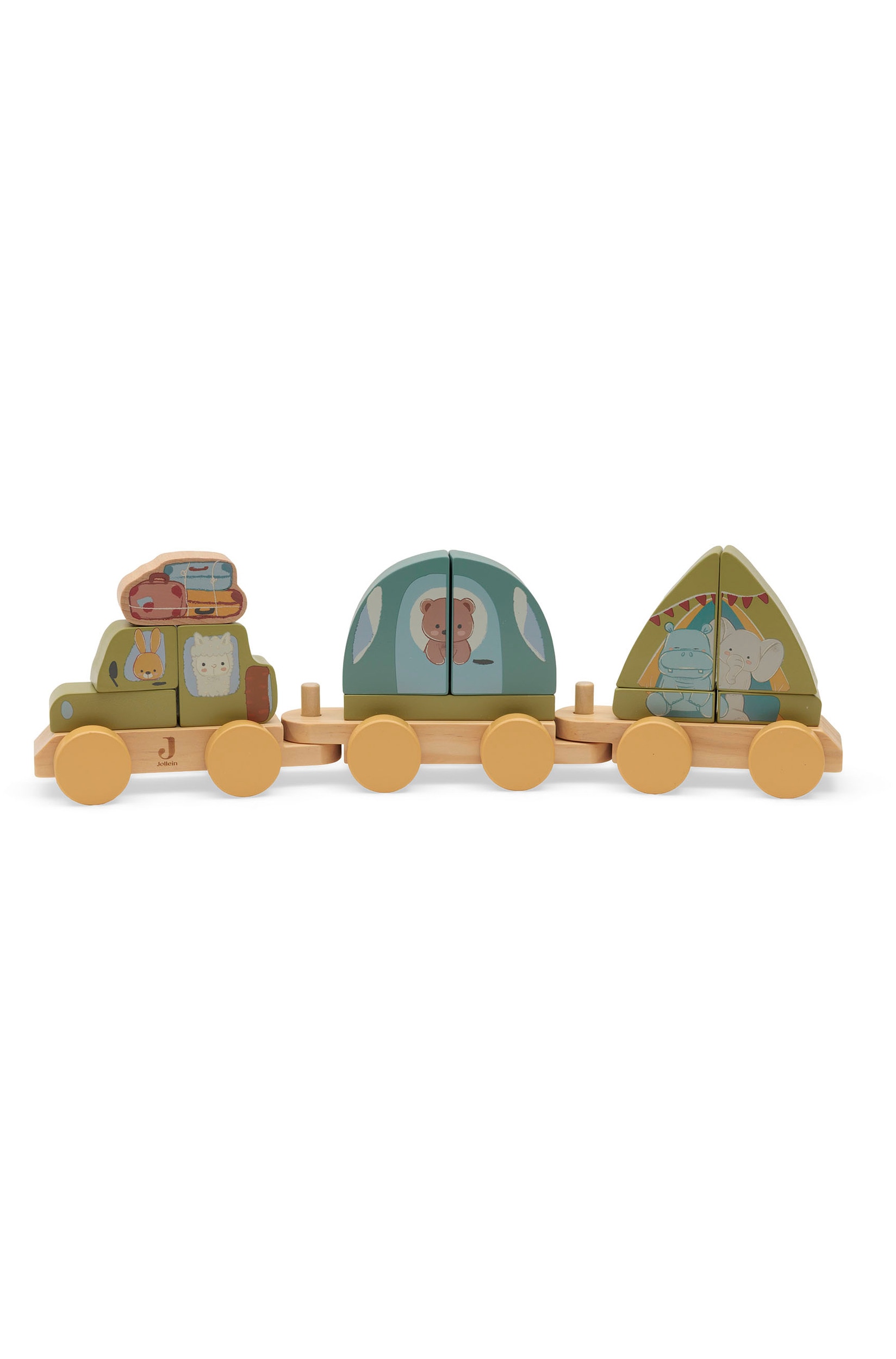 Een houten rekkast met meerdere open vakken waarop allerlei kinderspeelgoed, knuffeldieren en decoratie voor de kinderkamer worden uitgestald. De kast heeft een warme, natuurlijke houtafwerking, met items zoals een pluche teddybeer, een houten speelgoedtrein en zachte textielstukken die netjes over de planken zijn gerangschikt.