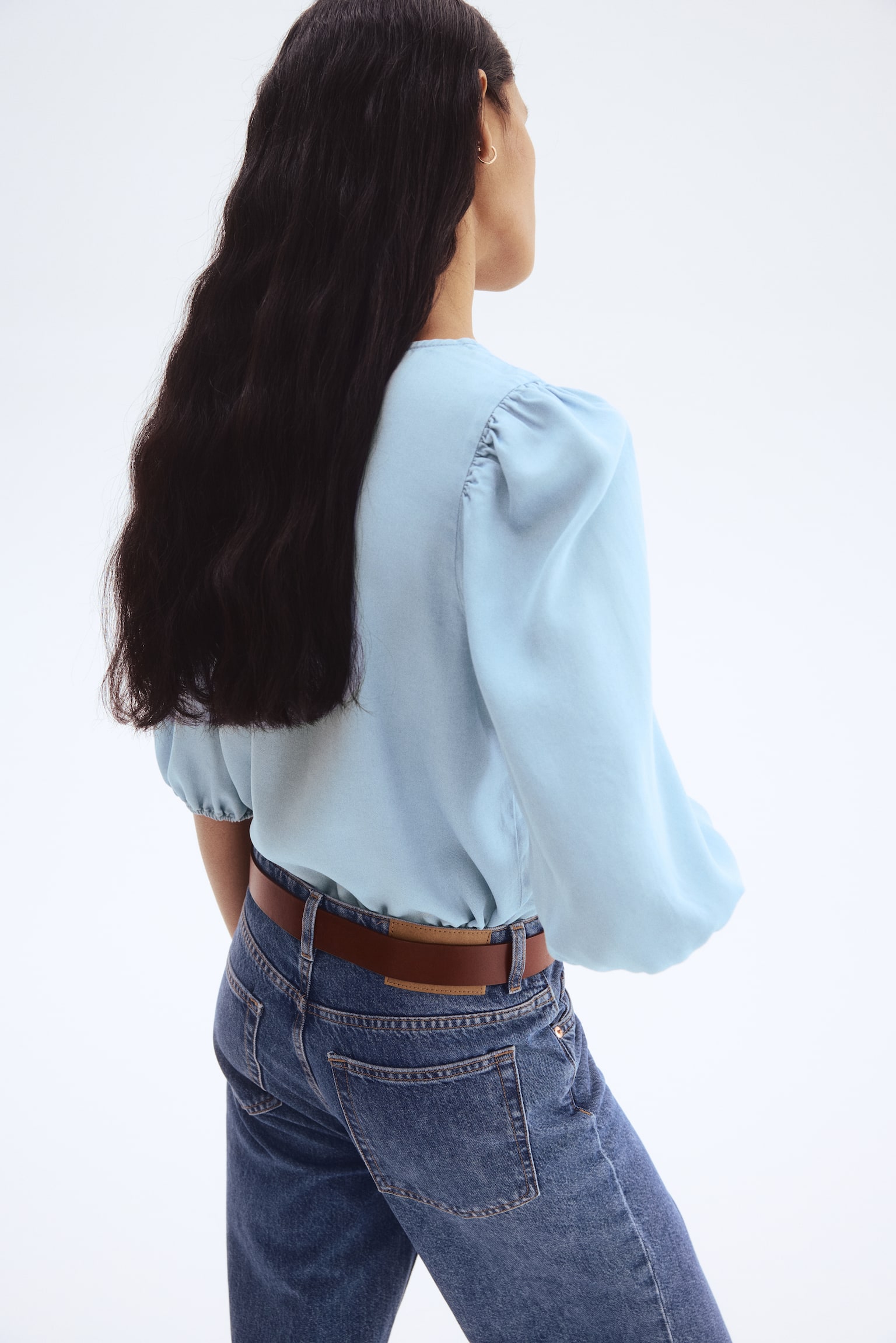 Balloon-sleeved denim blouse - Light denim blue/Denim blue - 4