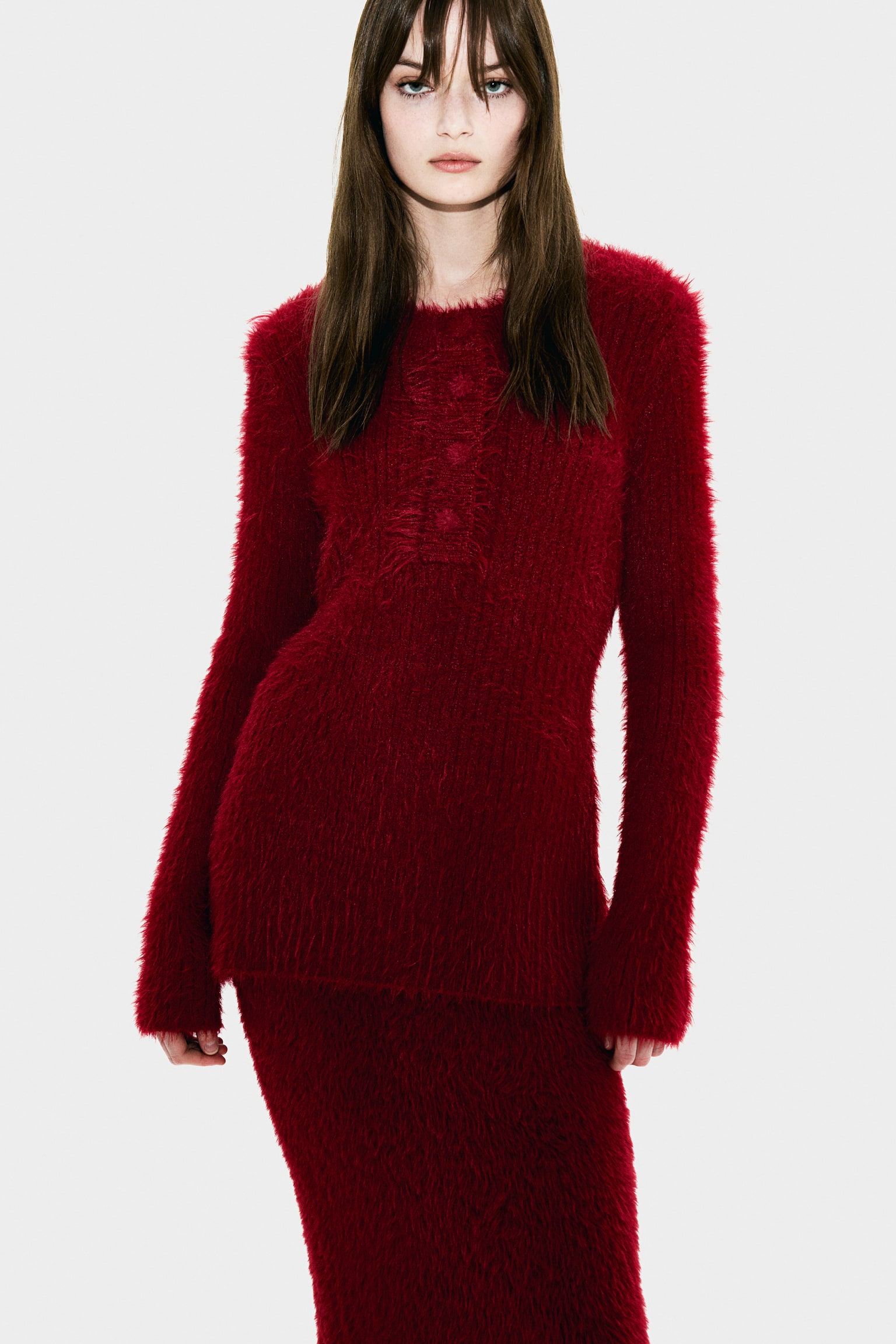 Fluffy-knit jumper - Dark red/Cream - 4