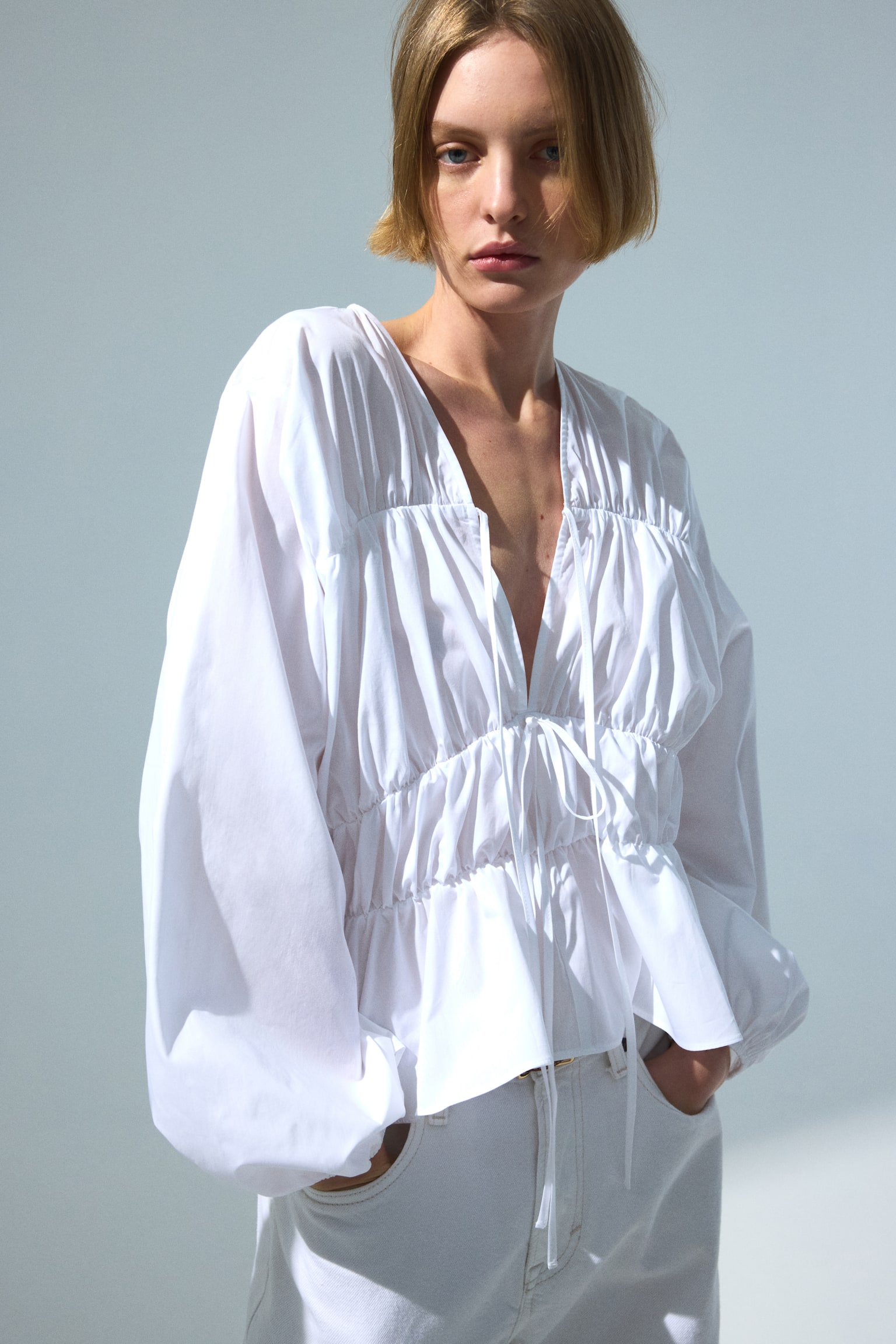 Drawstring poplin blouse - White - 1