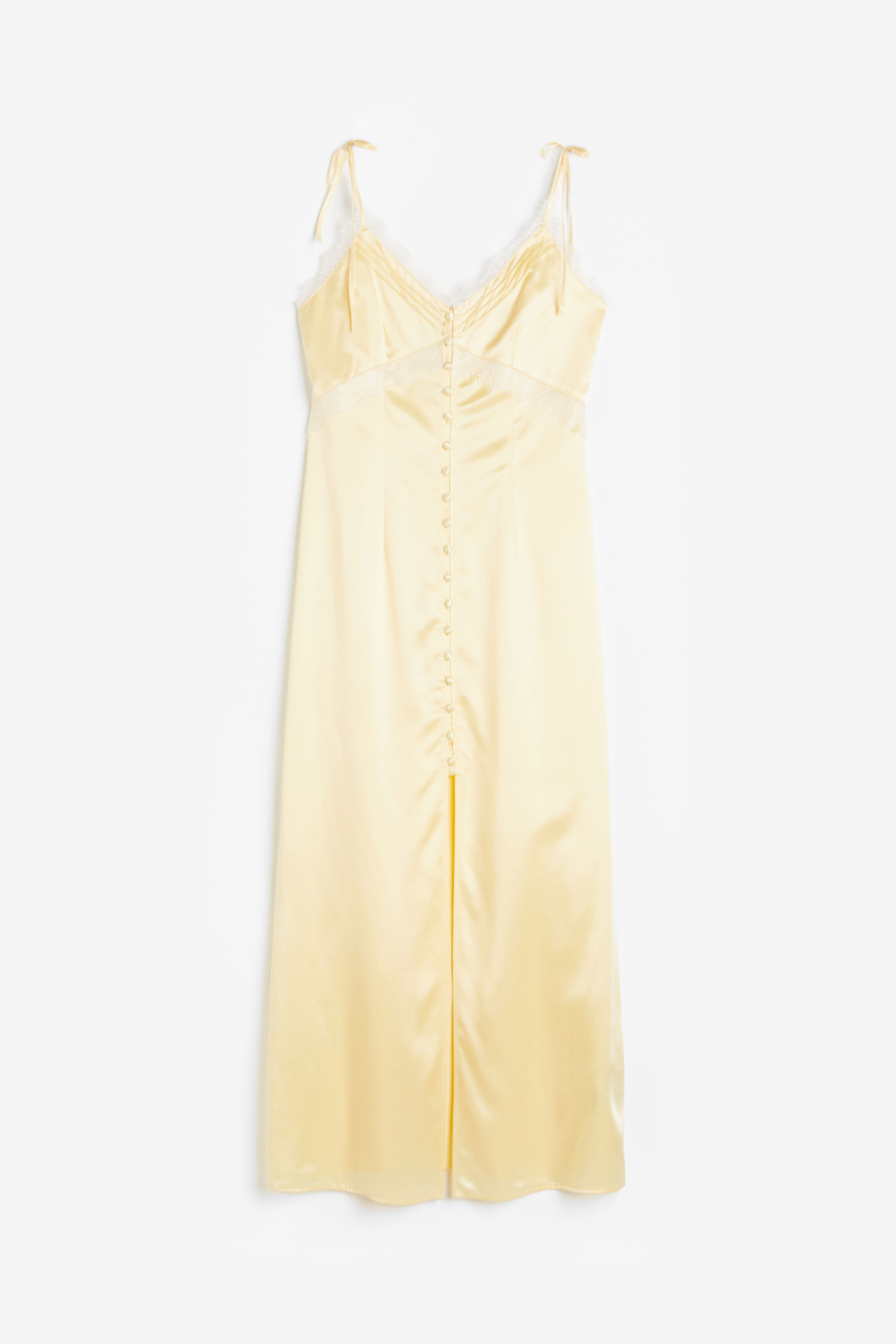 Lace-trimmed Satin Slip Dress - V-neck - Sleeveless - Light yellow - Ladies  | H&M US