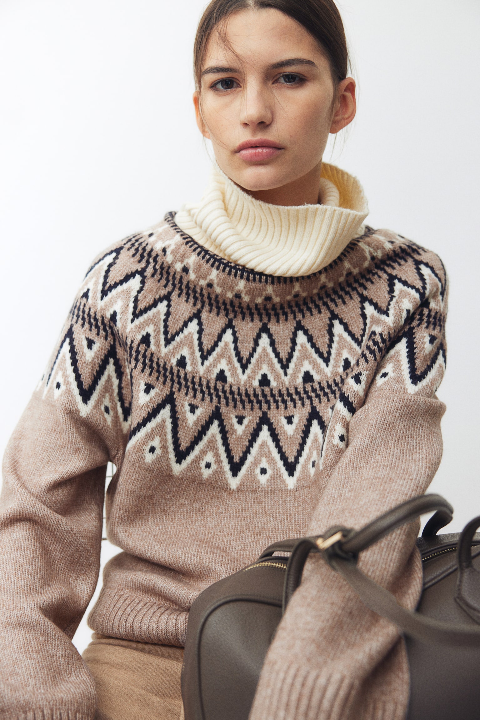 Jacquard-knit polo-neck jumper - Greige/Patterned/Light beige marl/Patterned/Navy blue/Patterned - 3