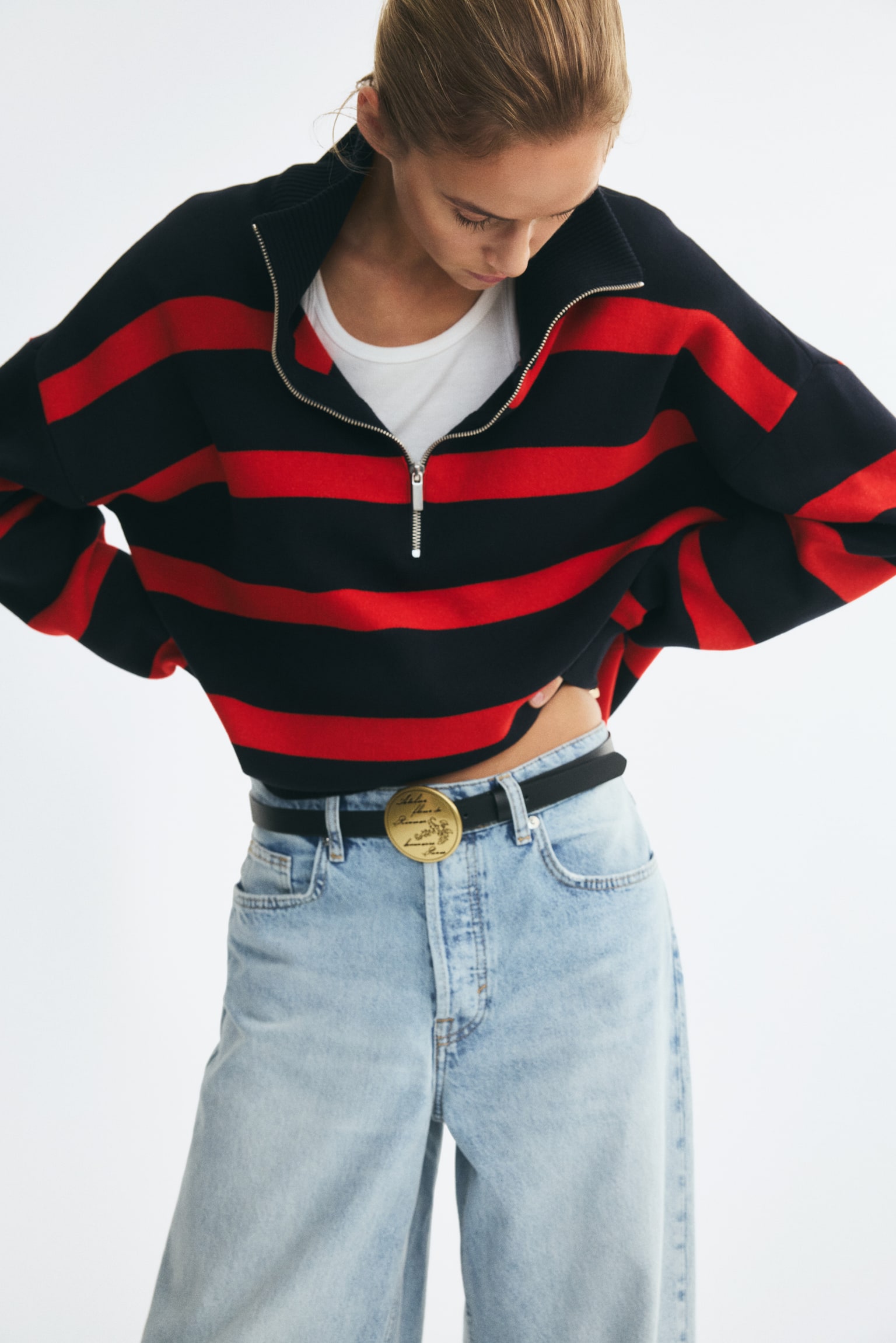 Женский свитер H&M Half-Zip, цвет: Тёмно-синий / Полосатый — фото 5