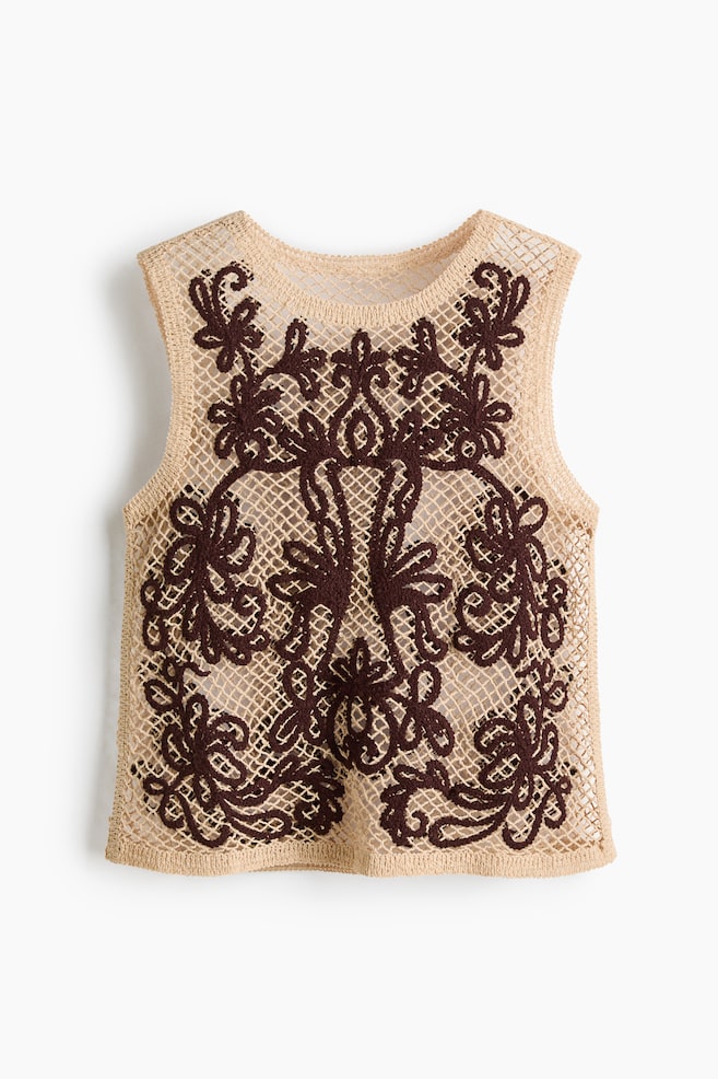 Strandtop met borduursel - Beige/donkerbruin - 1