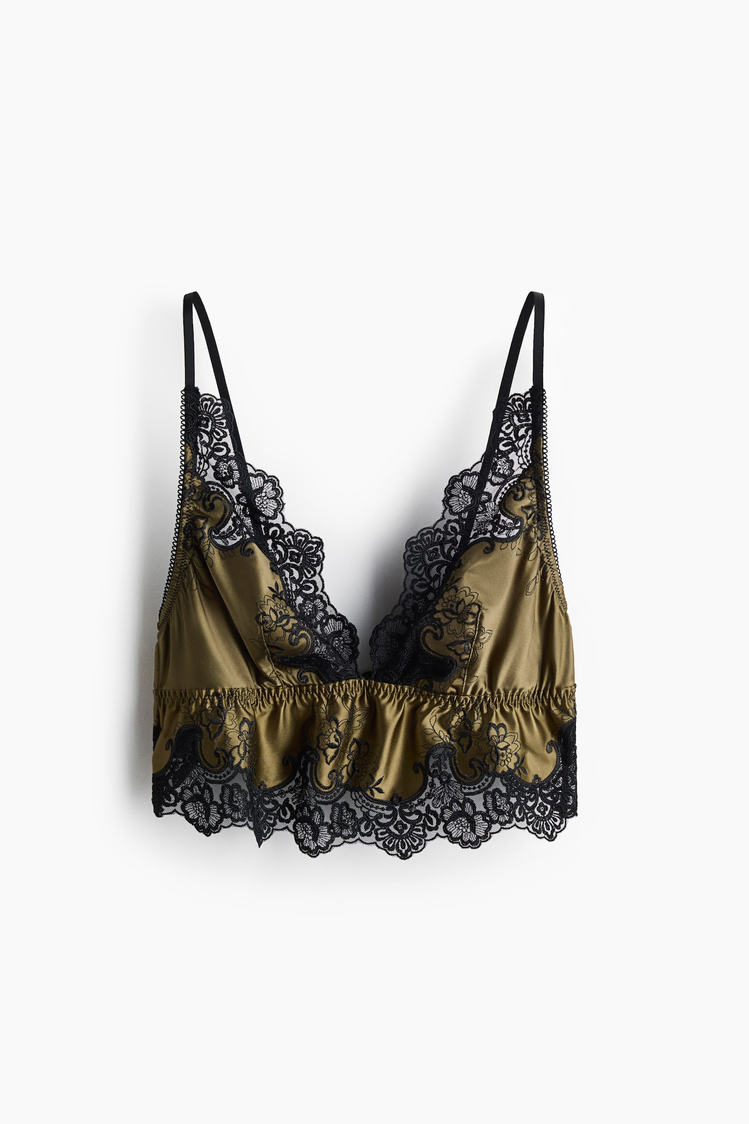 A soft bra, shown from the front, is featuring olive-green satin and black embroidered lace trimming along the deep V-neckline and the wide underband hem. The design is displaying thin, adjustable black shoulder straps and a gathered satin underband with scalloped lace edges. - 1