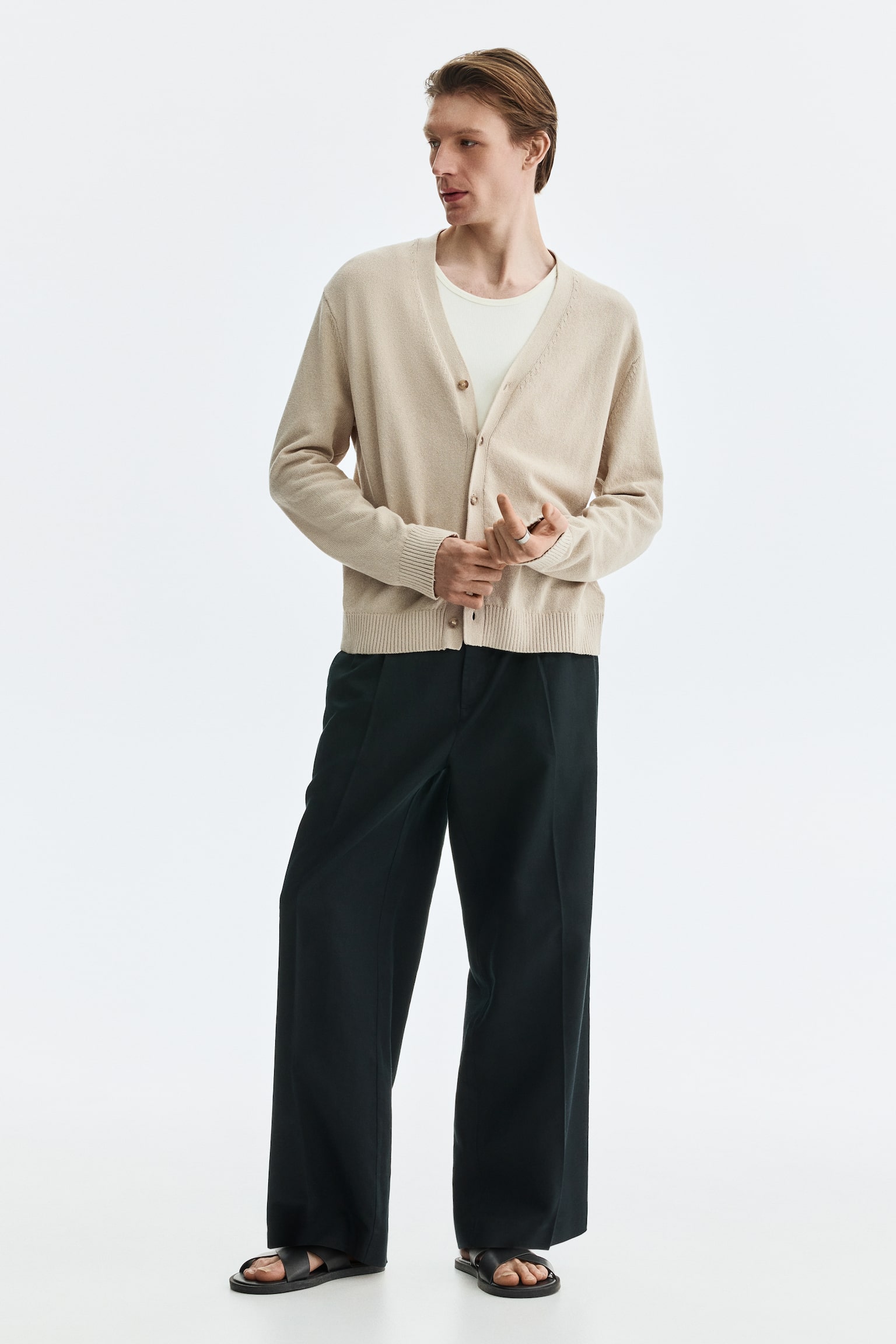 Relaxed Fit Cardigan - Beige/Dark brown - 5