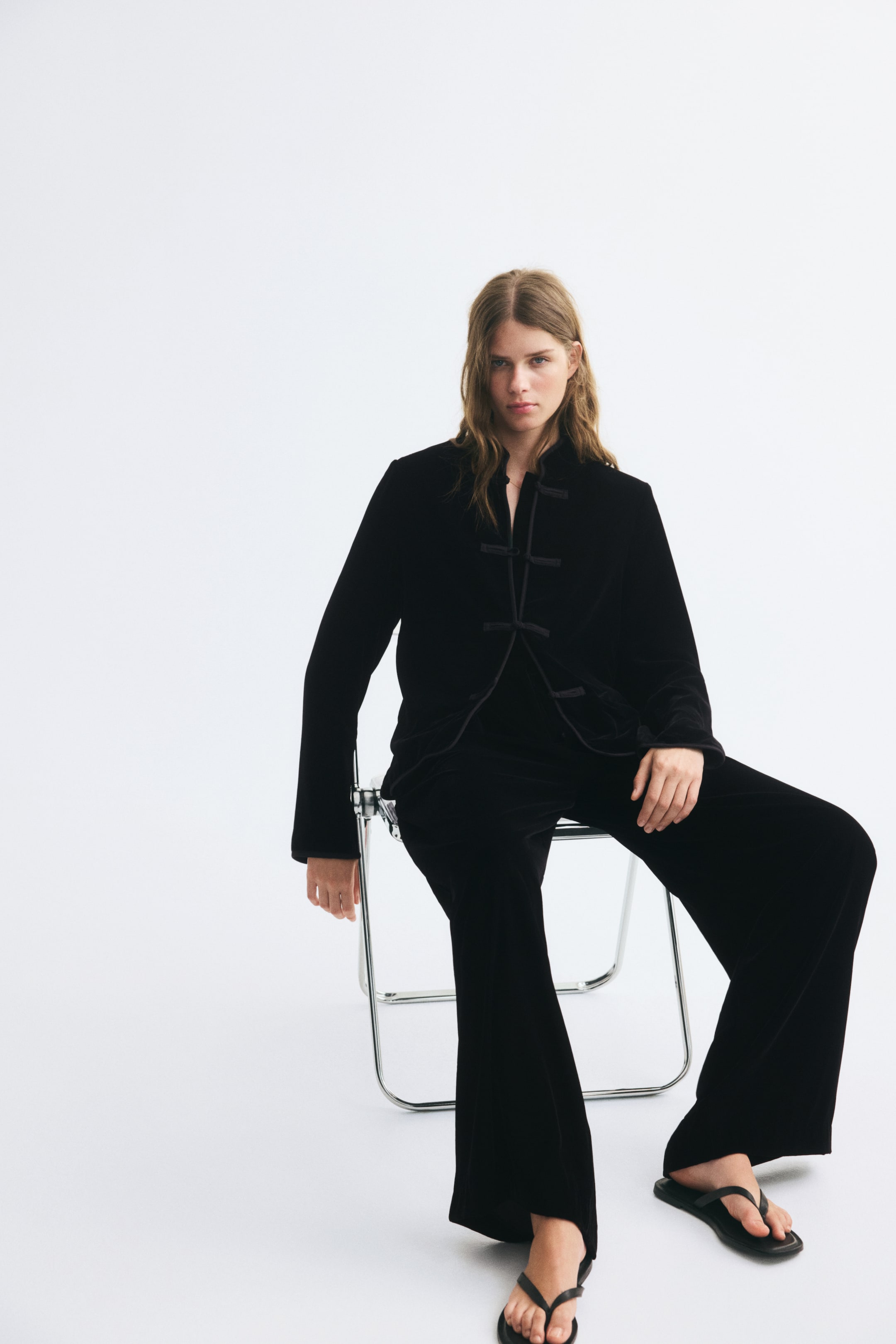 Knot-Button Velvet Jacket