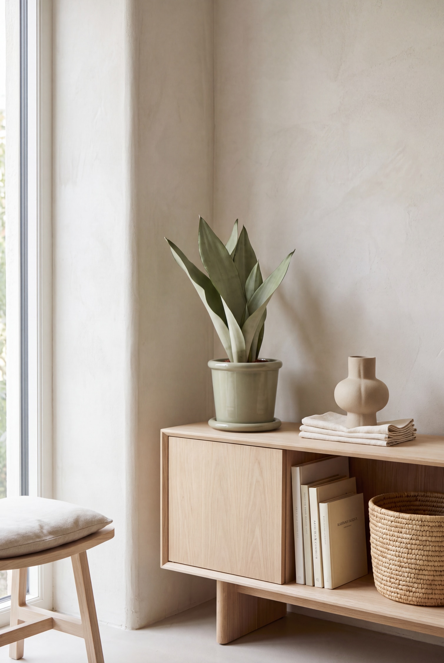 Una sansevieria Moonshine crece en una maceta de cerámica verde salvia con acabado brillante y un plato a juego. La planta presenta hojas anchas de color verde plateado, que se afinan hasta terminar en punta y se mantienen erguidas en una disposición agrupada.