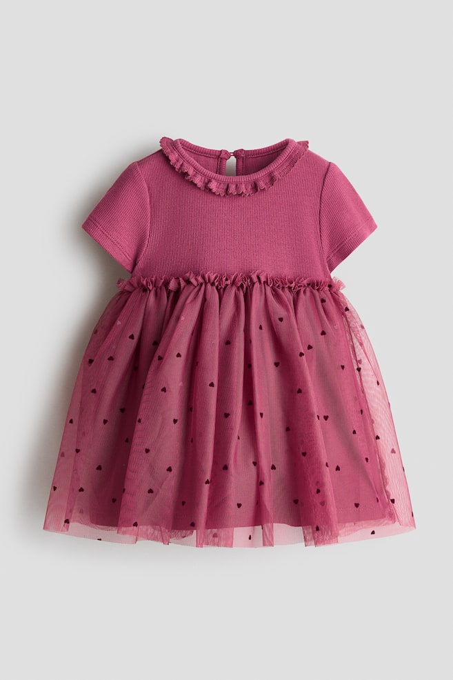 Cotton Dress with Tulle Skirt - Dark pink/Light pink - 1