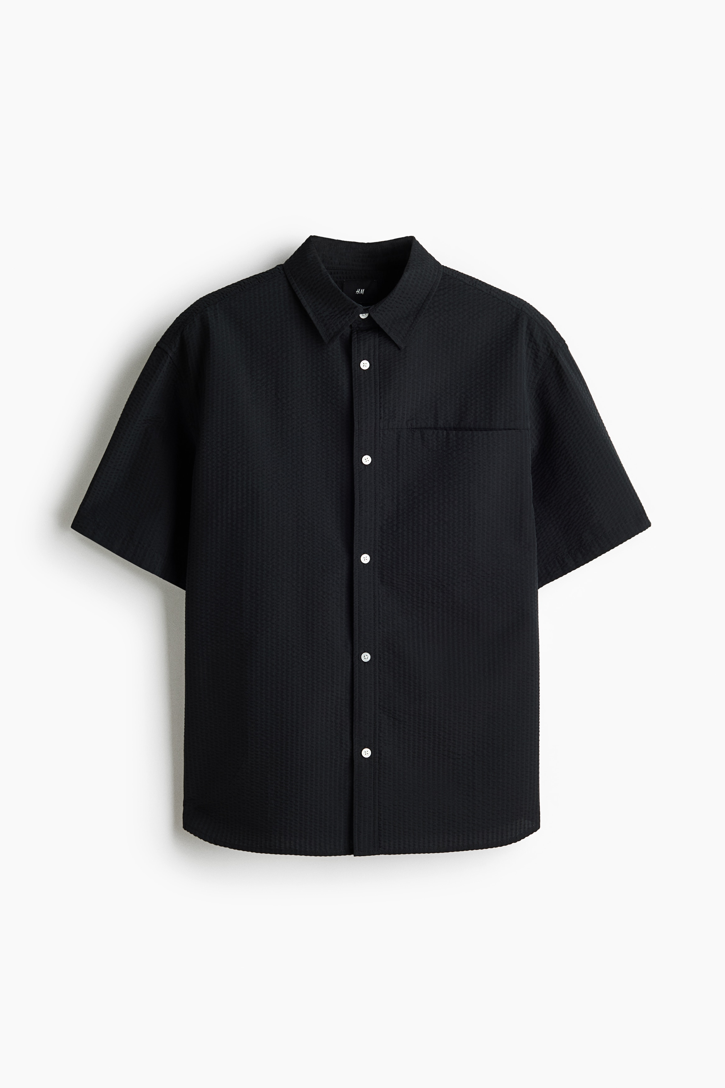 Loose Fit Short-sleeved seersucker shirt - Black/White/Striped/Navy blue/Striped