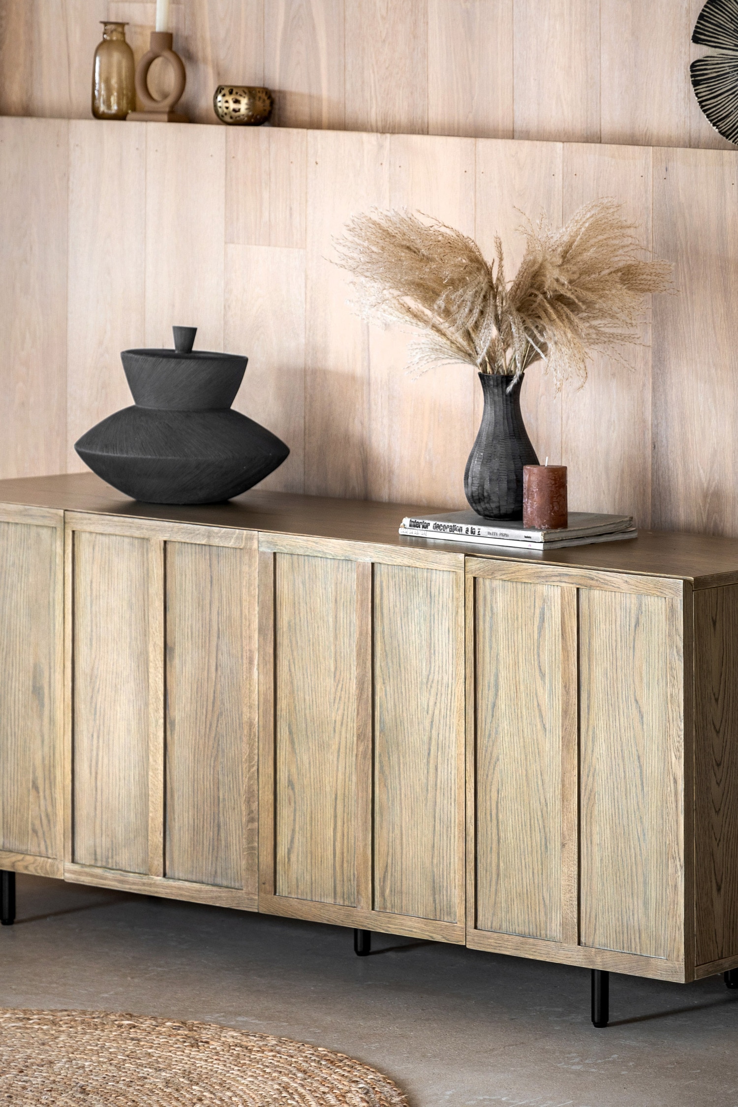 Wooden Panel 4 Door Sideboard - Light Wood