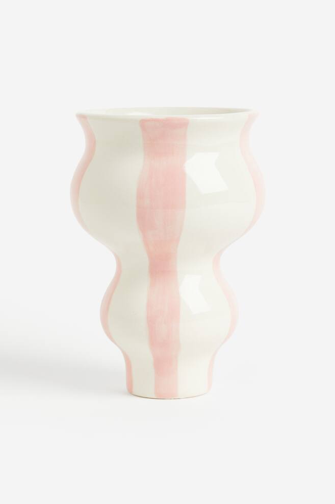 Stribet vase i stentøj - Lys rosa/Hvid - 1