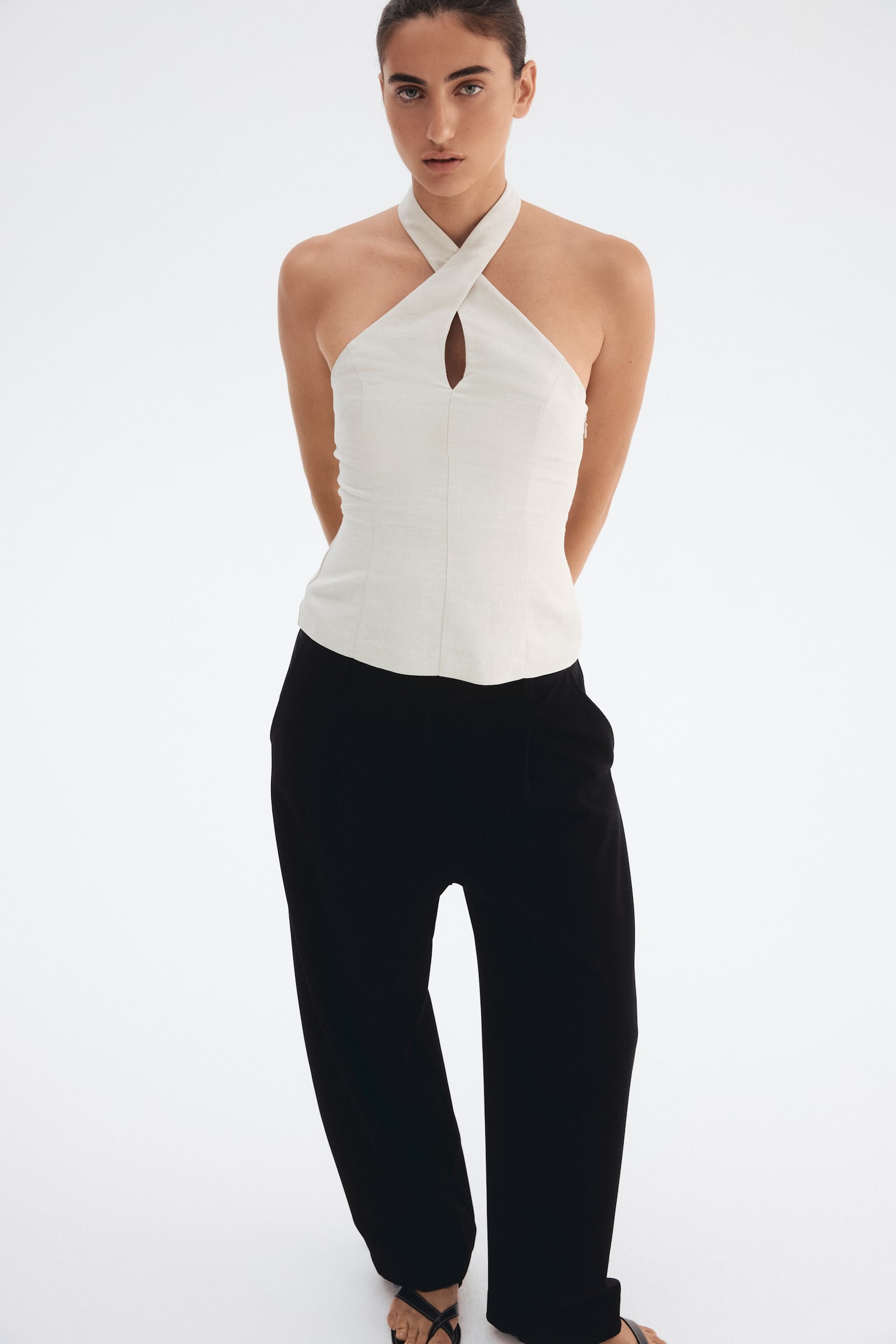 Linen-blend halterneck top - Light greige/Red - 1