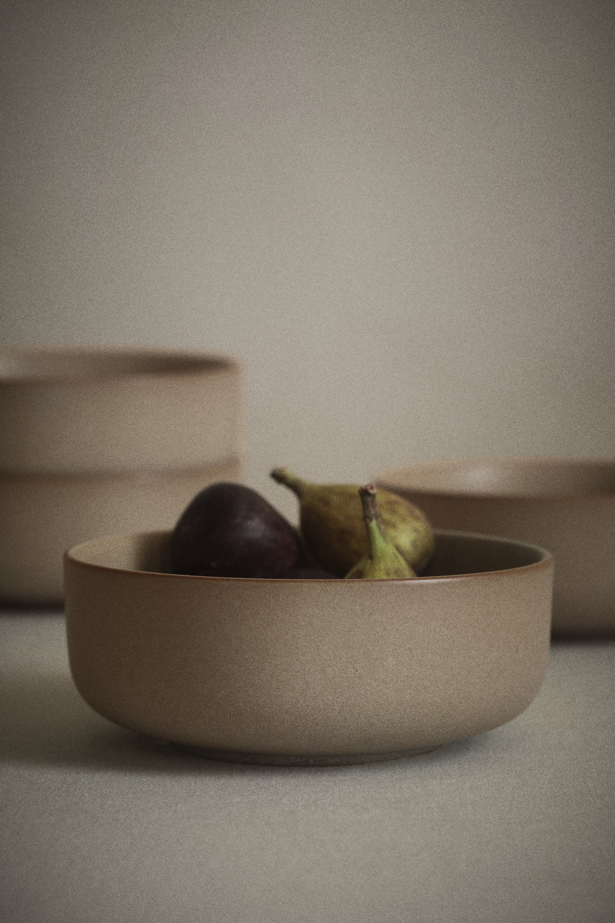 View larger image: A round, shallow, light brown stoneware bowl features a subtle speckled texture and a thin, darker rim, holding one dark purple fig and one green fig.