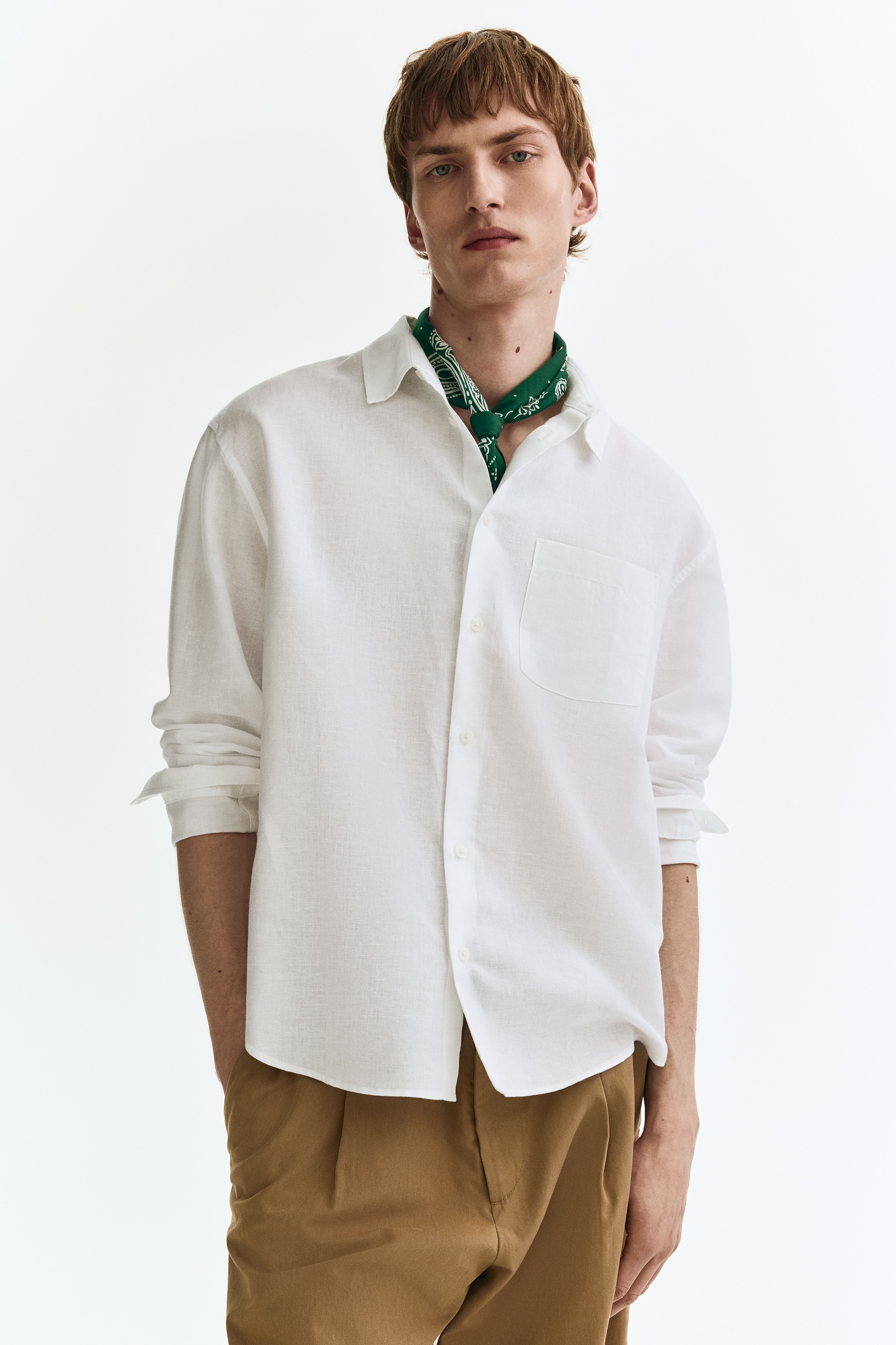 Skjorta i linmix Relaxed Fit - Vit/Ljusblå/Mörkbrun