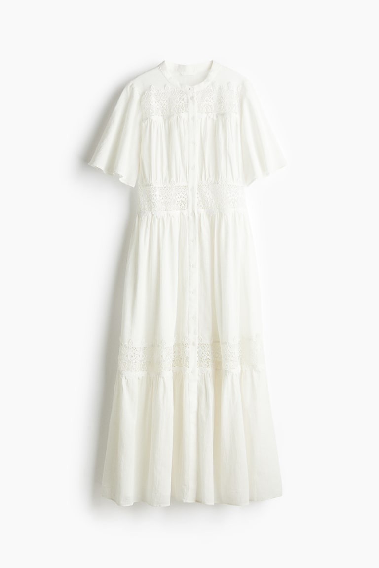Lace-Inset Cotton Dress - White Lace-Inset Cotton Dress - White