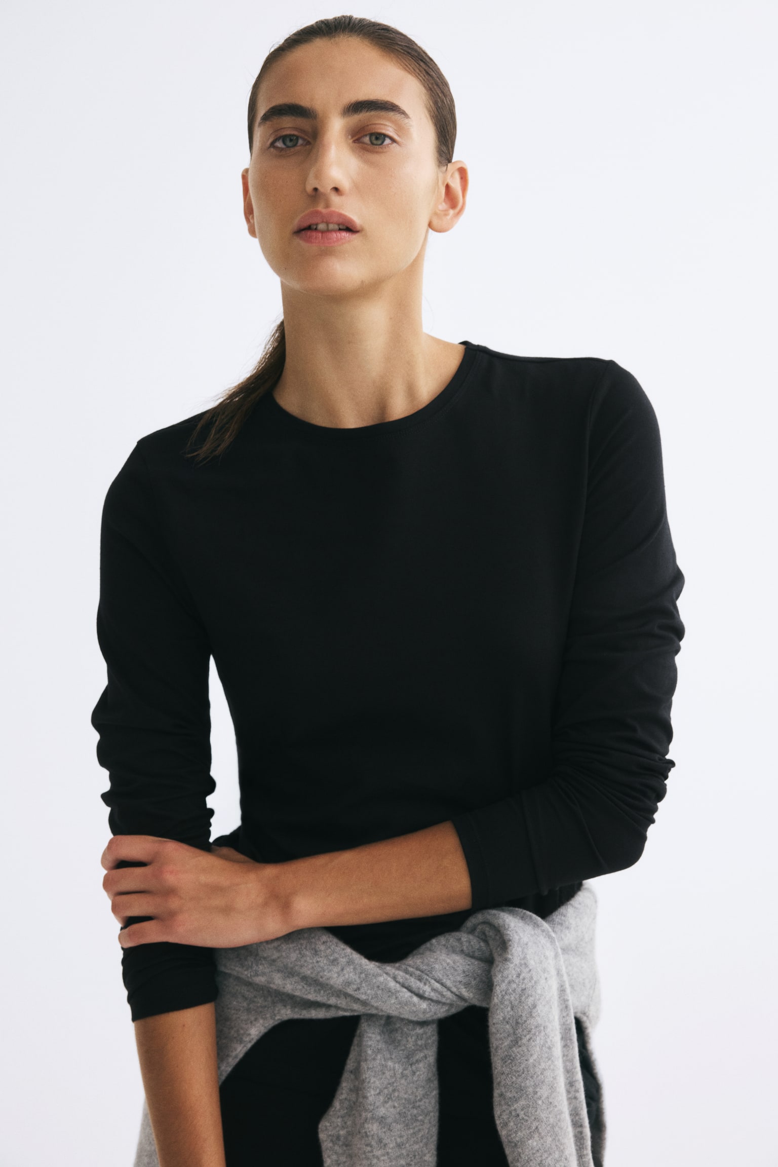 Женский топ H&M Fitted Cotton Top, цвет: Чёрный — фото 5