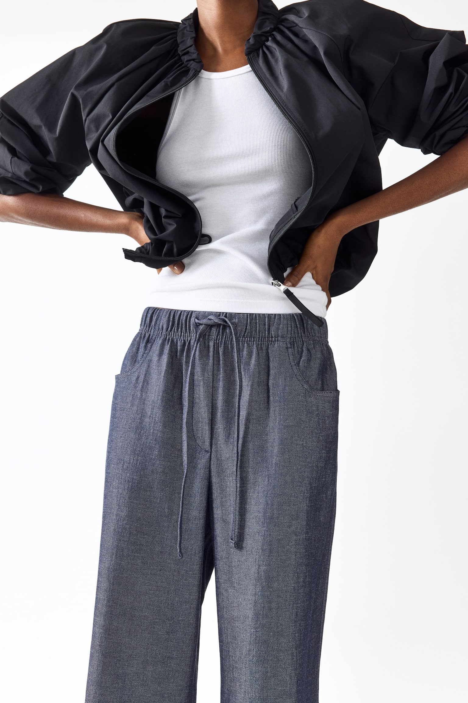 Straight drawstring trousers - Dark denim blue/Dark beige - 5