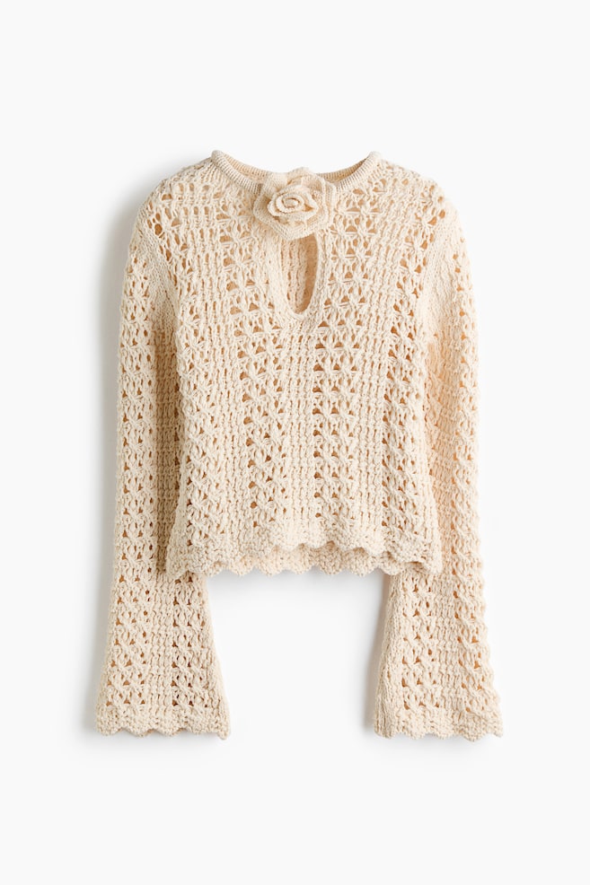 Camisola com aparência de crochet e aplicação - Creme - 1