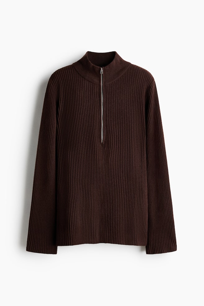Rib-Knit Half-Zip Sweater - Dark brown/Gray melange - 1