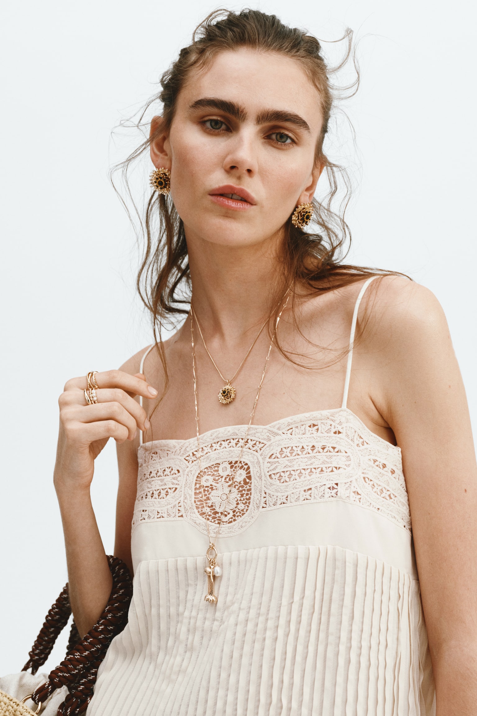 Lace-panel pintuck dress - Cream - 3