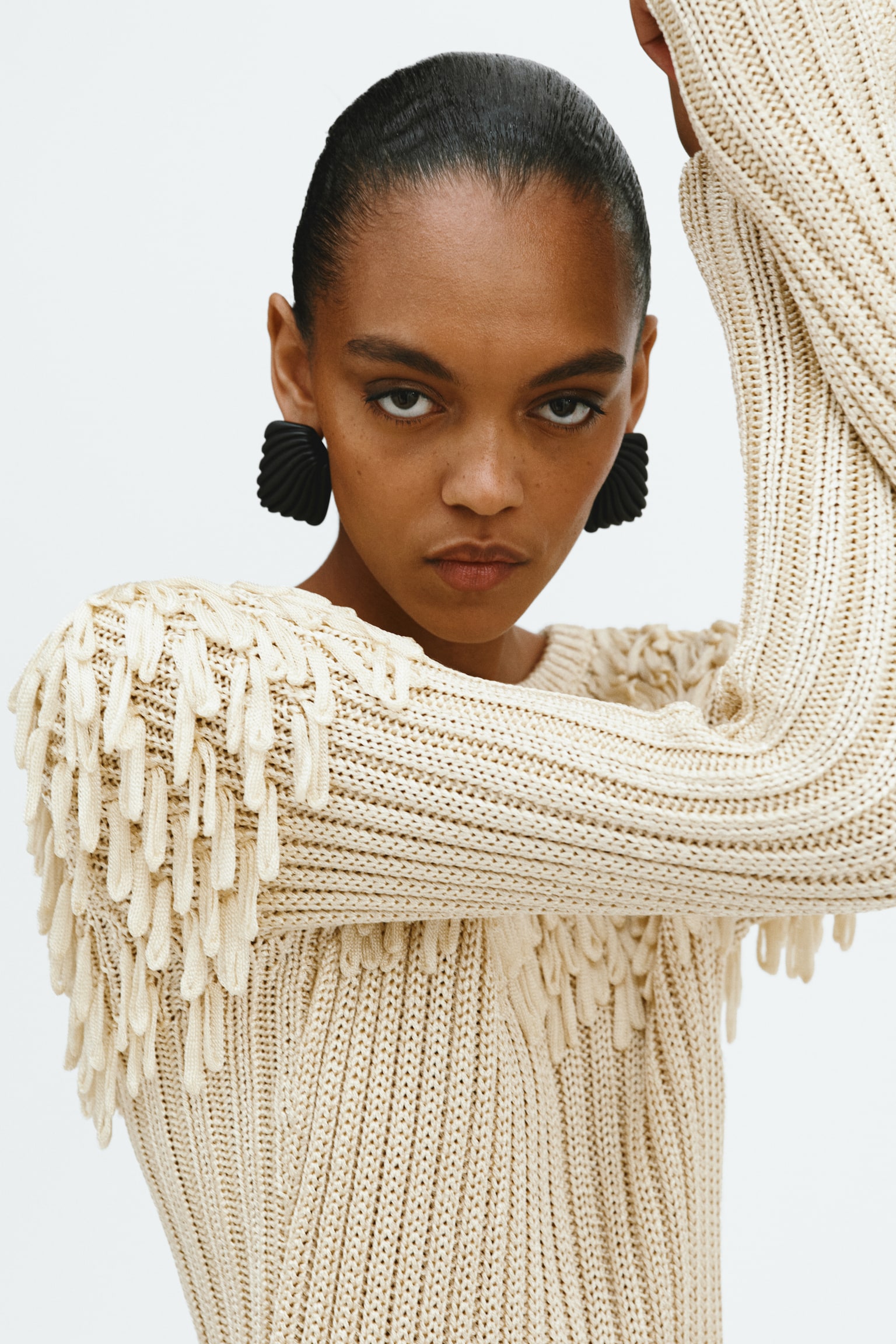 Fringe-detail rib-knit top - Light beige - 6