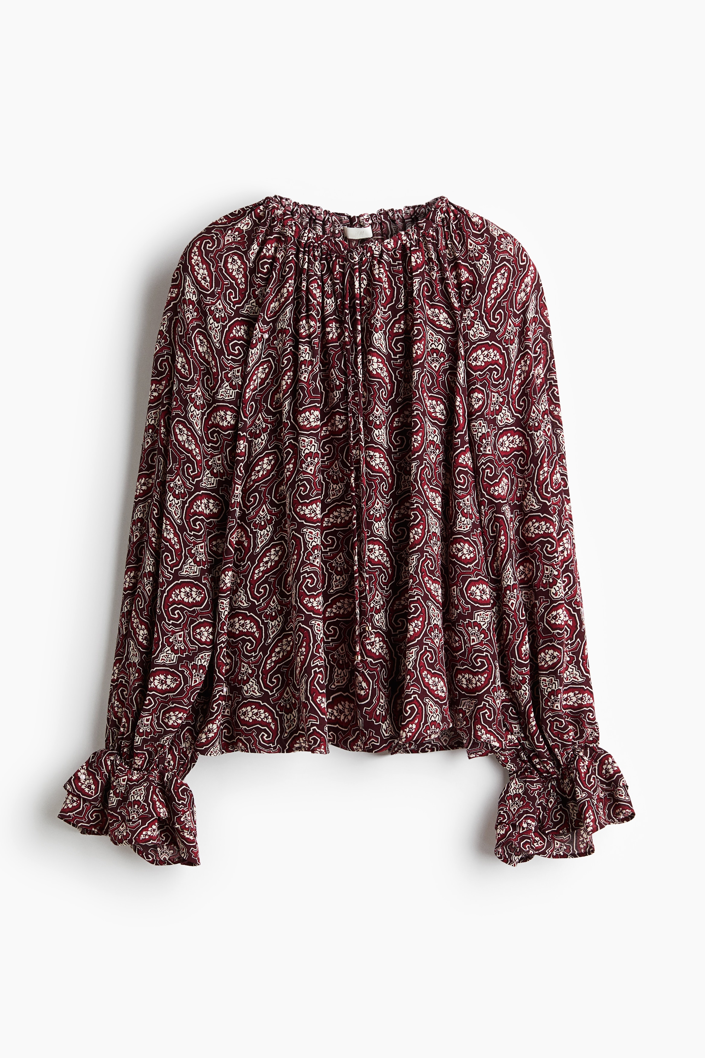 Frilled-sleeve blouse - Burgundy/Paisley pattern