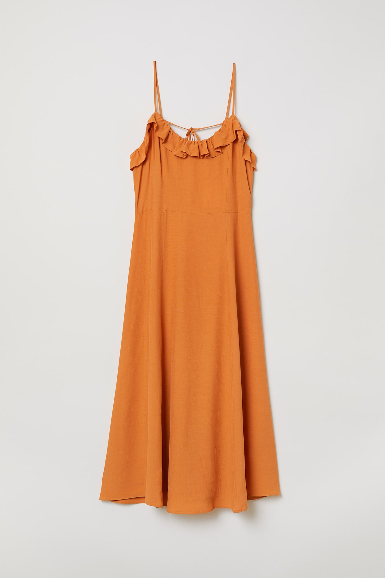 Sleeveless frill-trimmed dress - V-neck - Midi - Dark orange - Ladies ...