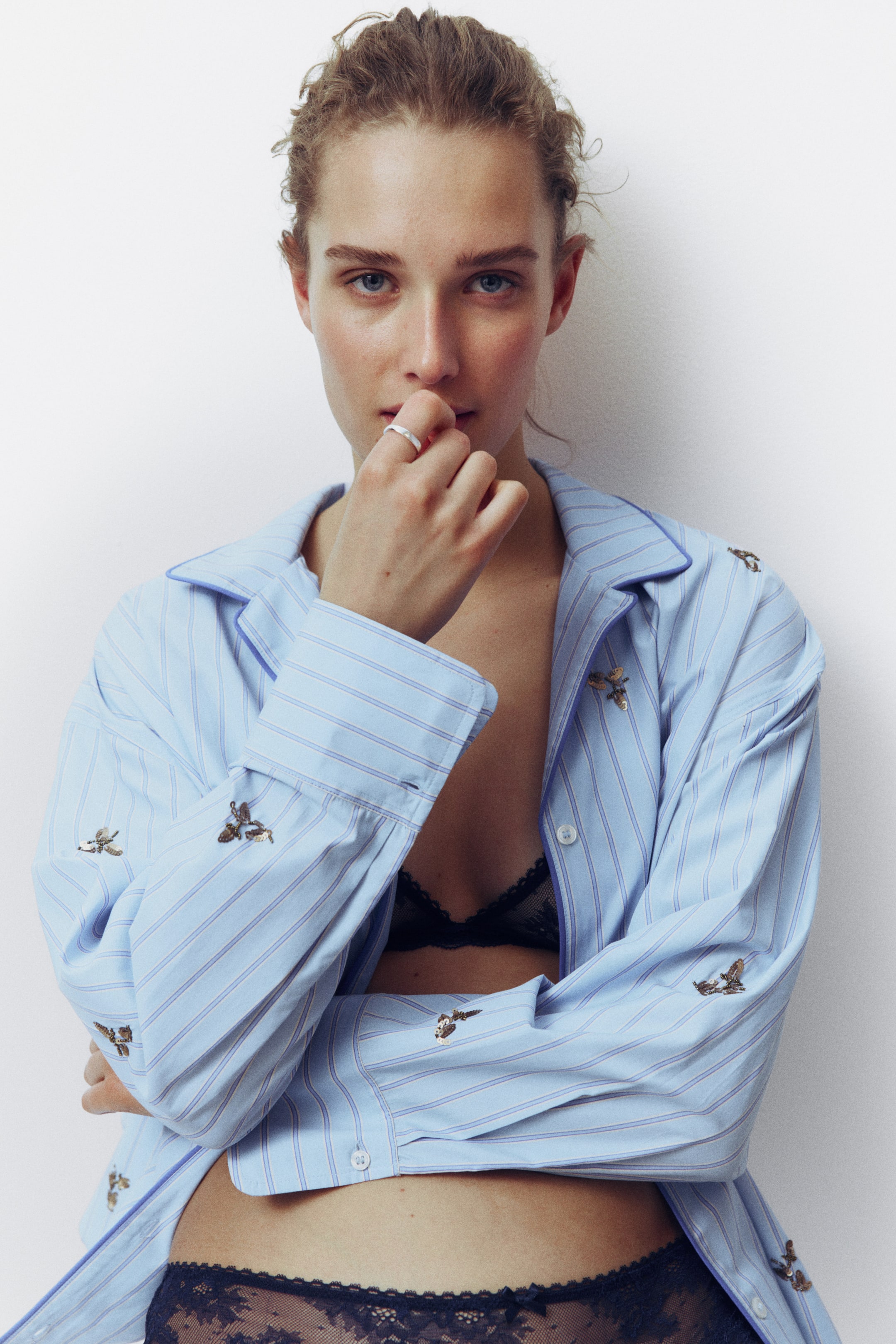 View larger image: Embellished cotton pyjama shirt - Light blue/Striped - Ladies | H&M IN 1