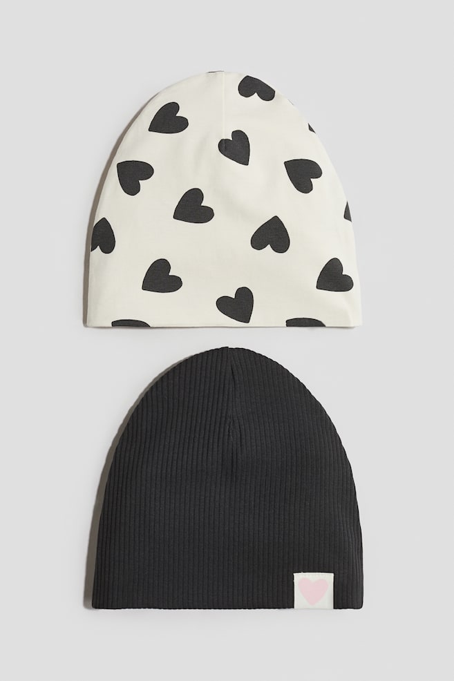 Lot de 2 bonnets en jersey - Noir/blanc/Prune/chevaux/Gris foncé/pois - 1