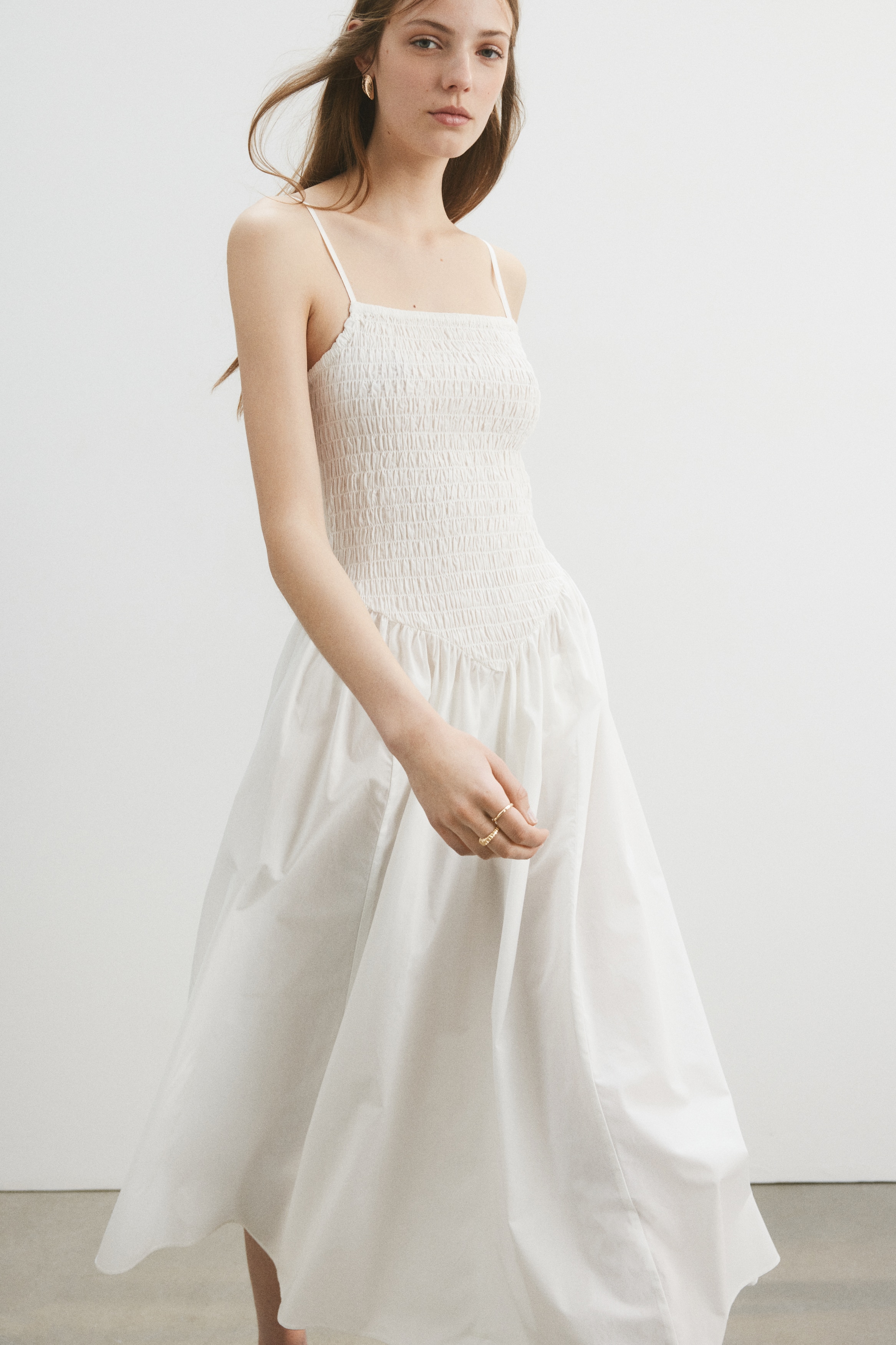 Smocked Dress with Flared Skirt-White